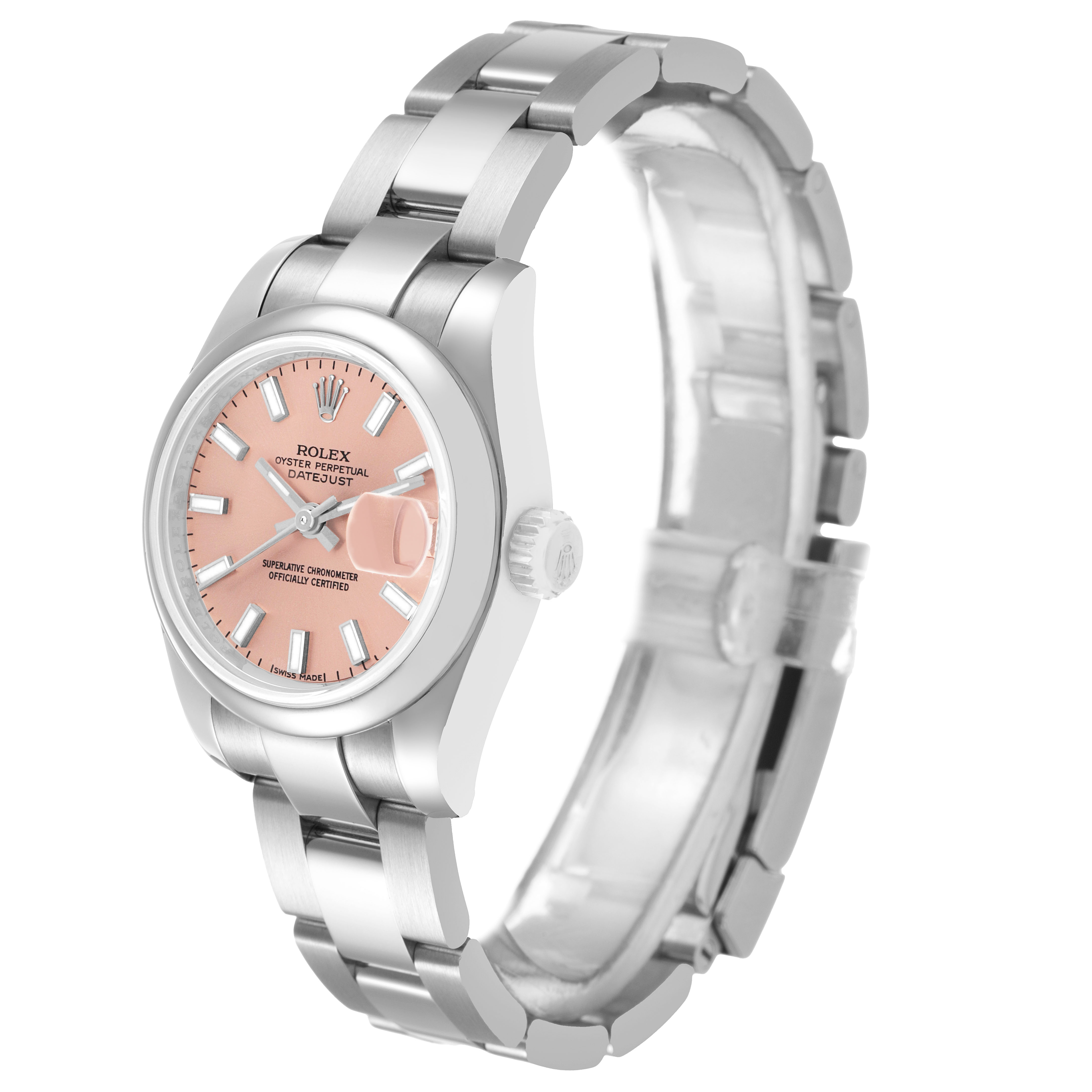 The Rolex Datejust 179160 Women's Stainless Steel Pink Dial watch is shown at a three-quarter angle, displaying the face, bezel, crown, and bracelet.