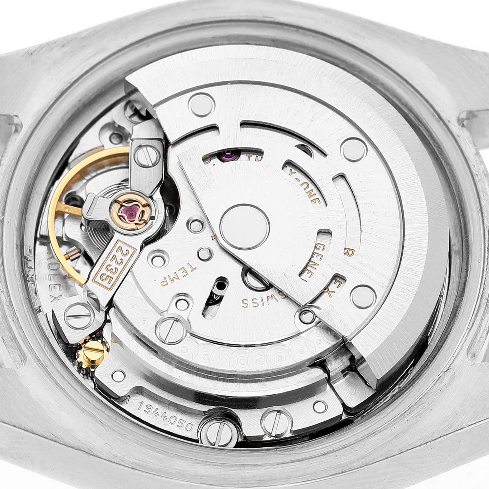 The image shows the back view of a Rolex Datejust 179160 Women's Stainless Steel Pink Dial, highlighting its intricate movement and components.