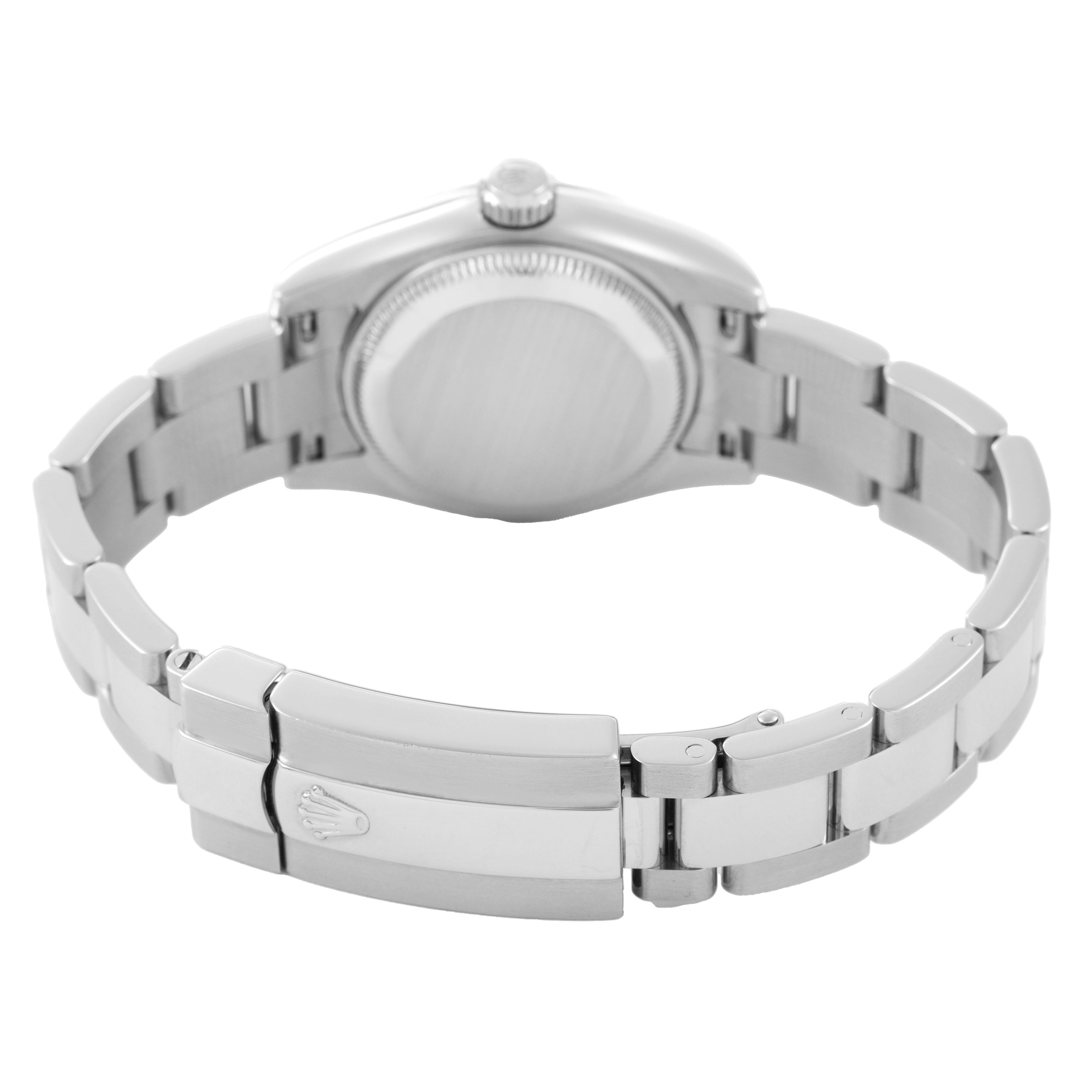 The image shows the back view of the Rolex Datejust 179160 Women's Stainless Steel Pink Dial, highlighting the bracelet, clasp, and case-back.
