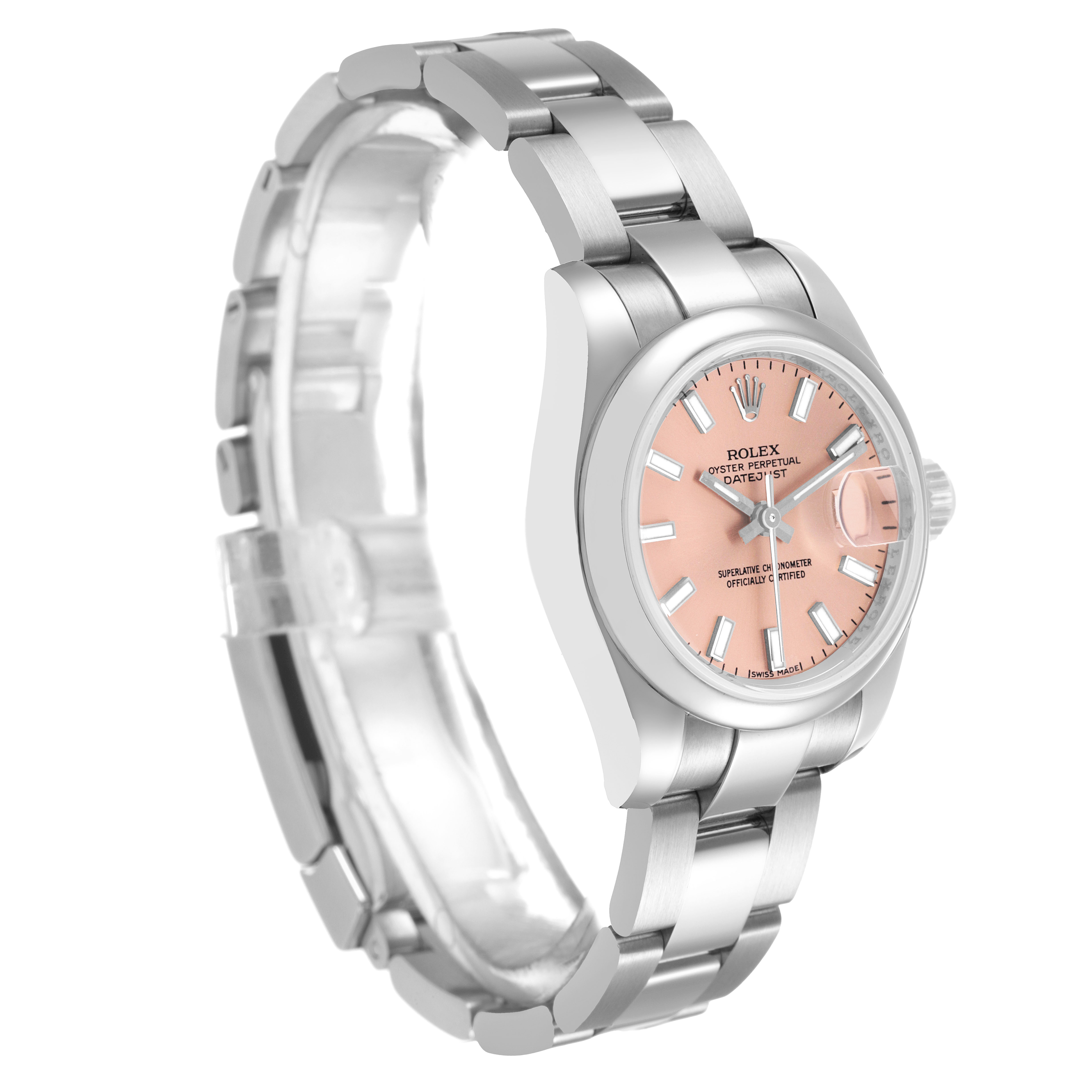 The Rolex Datejust 179160 Women's Stainless Steel Pink Dial watch is shown at a three-quarter angle, highlighting the face, bezel, and bracelet.