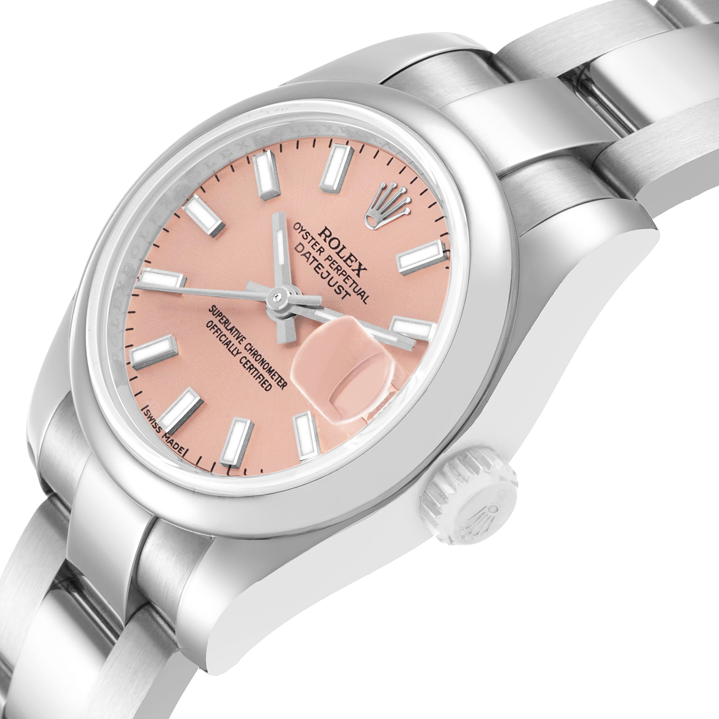 The Rolex Datejust 179160 Women's Stainless Steel Pink Dial watch is shown from a three-quarter angle, highlighting the dial, bezel, crown, and a portion of the bracelet.