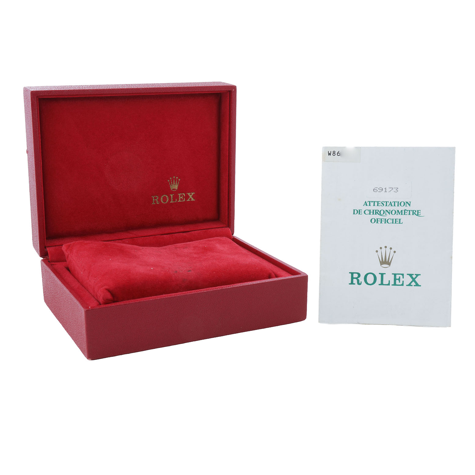 The image shows a red Rolex Datejust 69173 Women's Steel and Gold (two tone) Blue Dial watch box at an angle, with a certificate placed beside it.