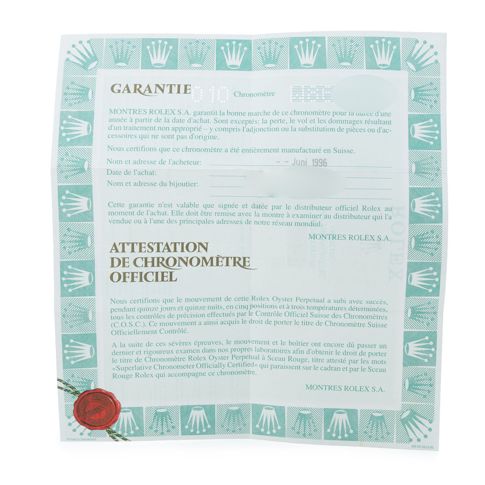 The image shows a Rolex warranty certificate for a Datejust model, featuring text and a decorative border.
