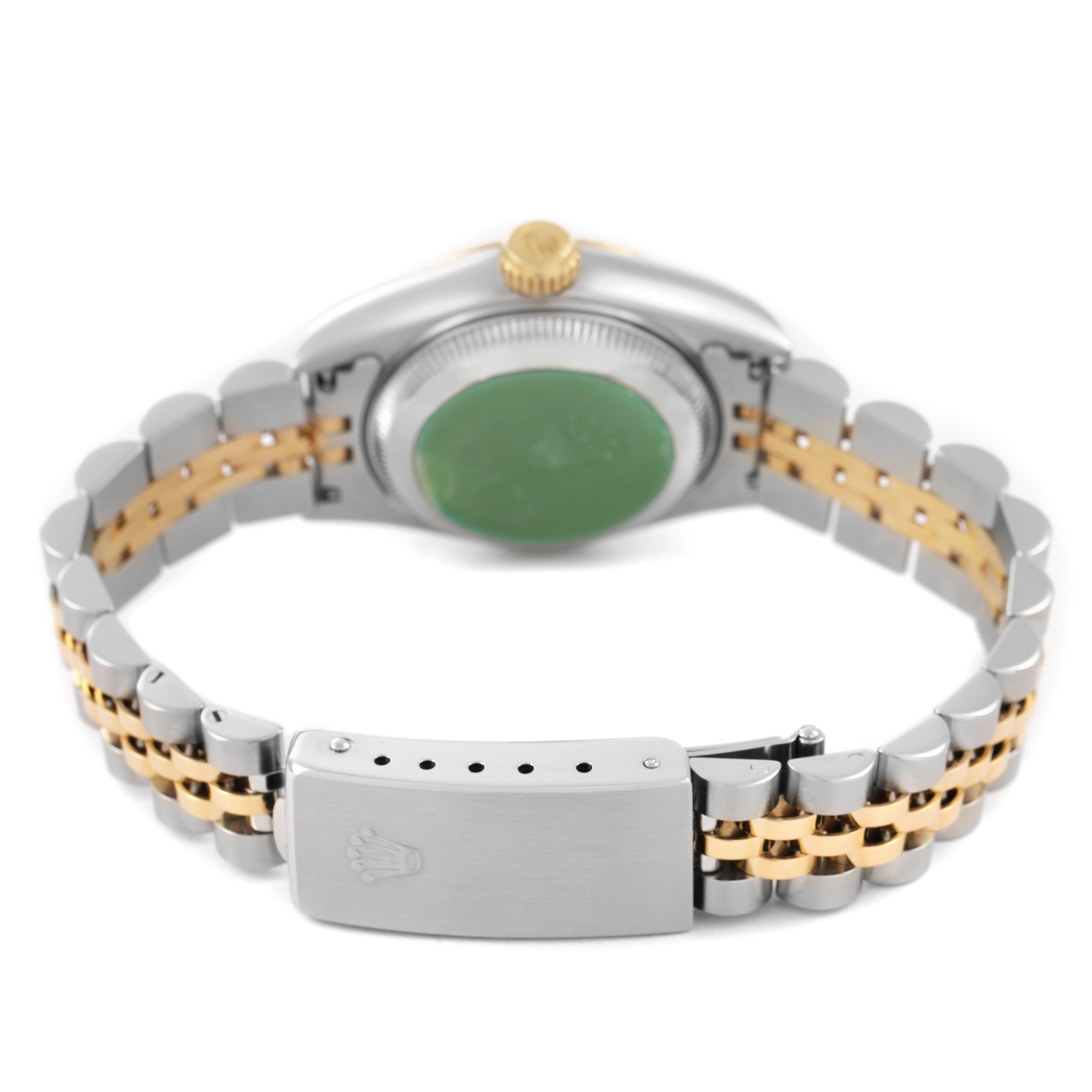 The image shows the back of a Rolex Datejust 69173 Women's Steel and Gold (two tone) Blue Dial watch, focusing on the case back and two-tone bracelet.