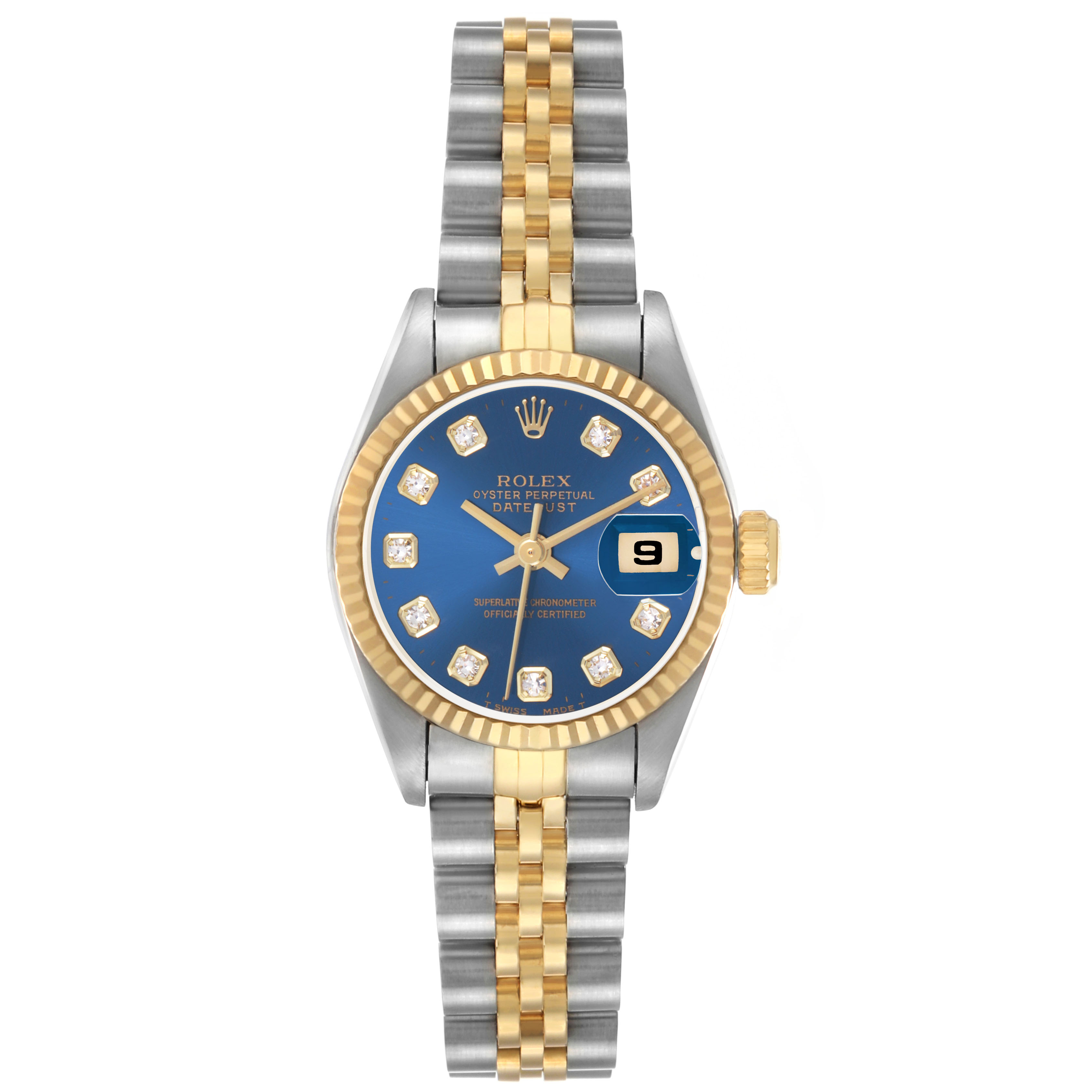 The Rolex Datejust 69173 Women's Steel and Gold (two tone) Blue Dial watch is shown from a top view, featuring its bracelet, bezel, dial, and date window.