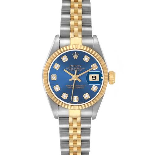 The Rolex Datejust 69173 Women's Steel and Gold (two tone) Blue Dial watch is shown from a top-down angle, featuring its blue dial, gold bezel, and two-tone bracelet.