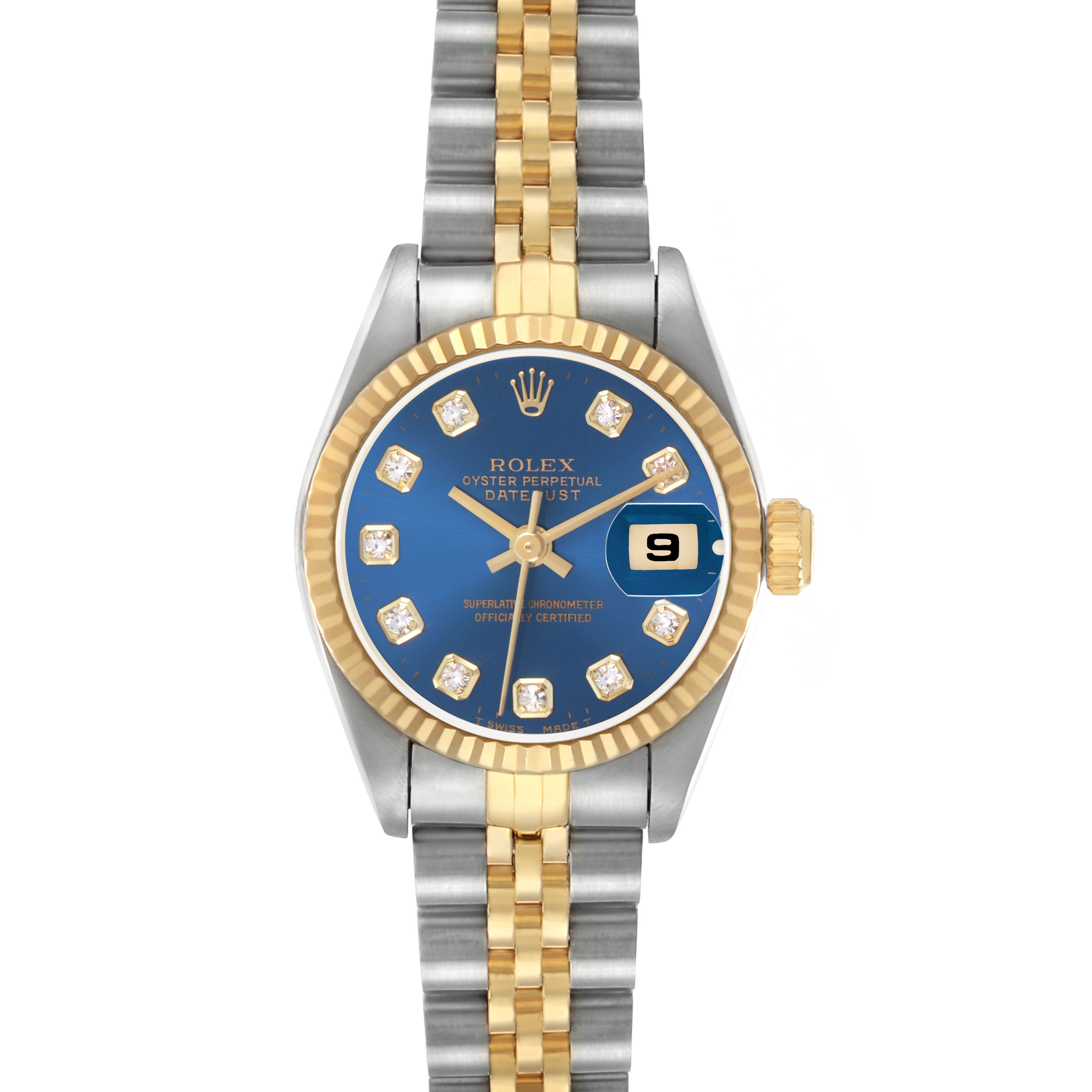 The Rolex Datejust 69173 Women's Steel and Gold (two tone) Blue Dial watch is shown from a top-down angle, highlighting the blue dial, gold bezel, and two-tone bracelet.