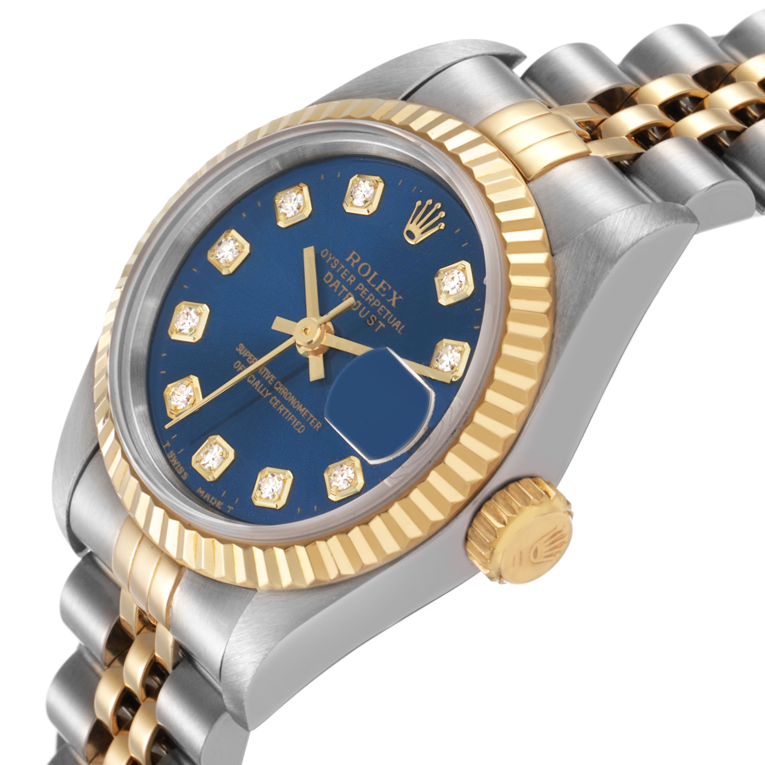 The Rolex Datejust 69173 Women's Steel and Gold (two tone) Blue Dial watch is shown at an angle highlighting the blue dial, diamond markers, bezel, and two-tone bracelet.
