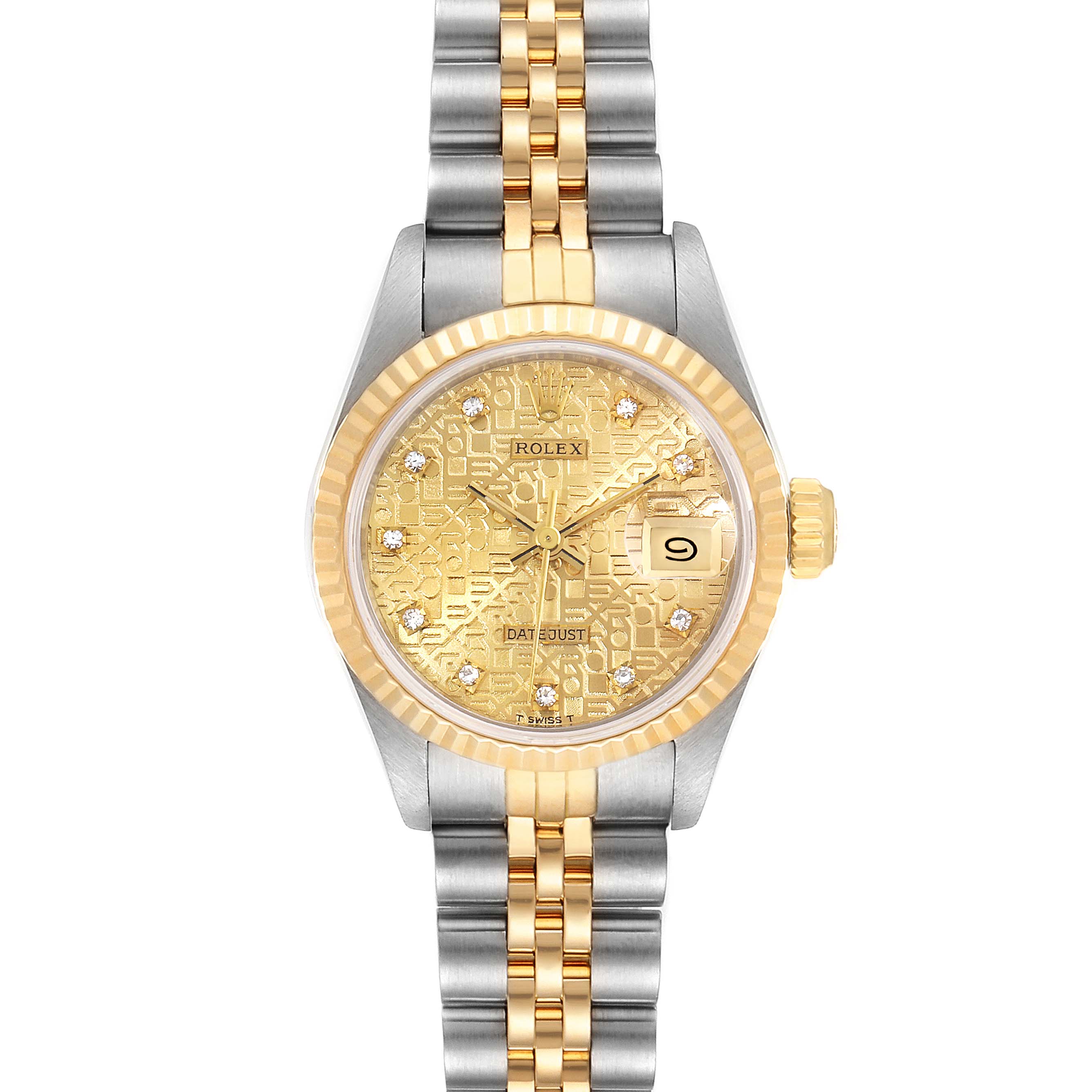 The image showcases a front view of the Rolex Datejust 69173 Women's Steel and Gold (two tone) Champagne Dial 69173 Women's Steel and Gold (two tone) Champagne Dial model, highlighting its gold and silver Jubilee bracelet and detailed dial.
