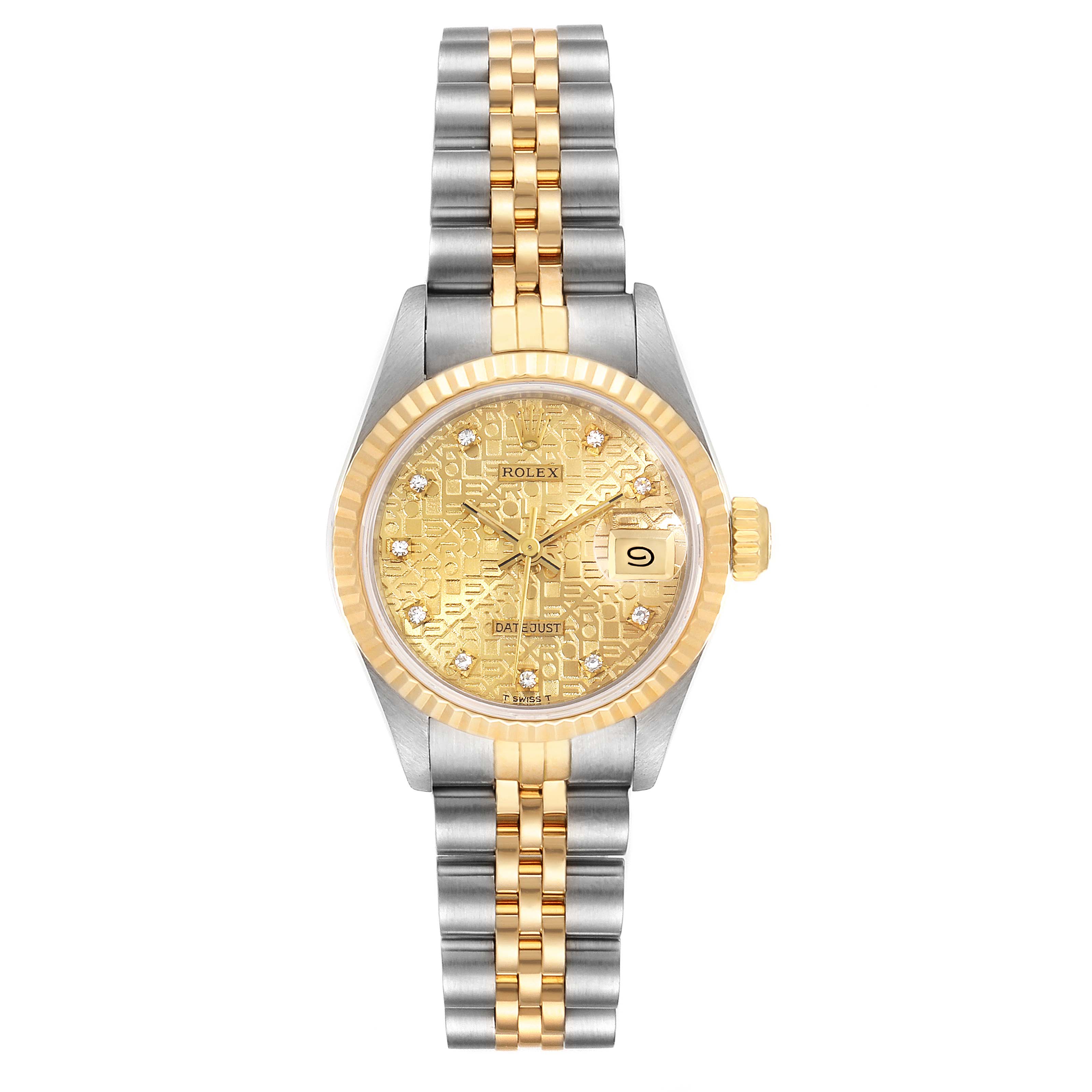The image shows the Rolex Datejust 69173 Women's Steel and Gold (two tone) Champagne Dial 69173 Women's Steel and Gold (two tone) Champagne Dial watch from a front angle, highlighting its face, dial, bezel, bracelet, and crown.