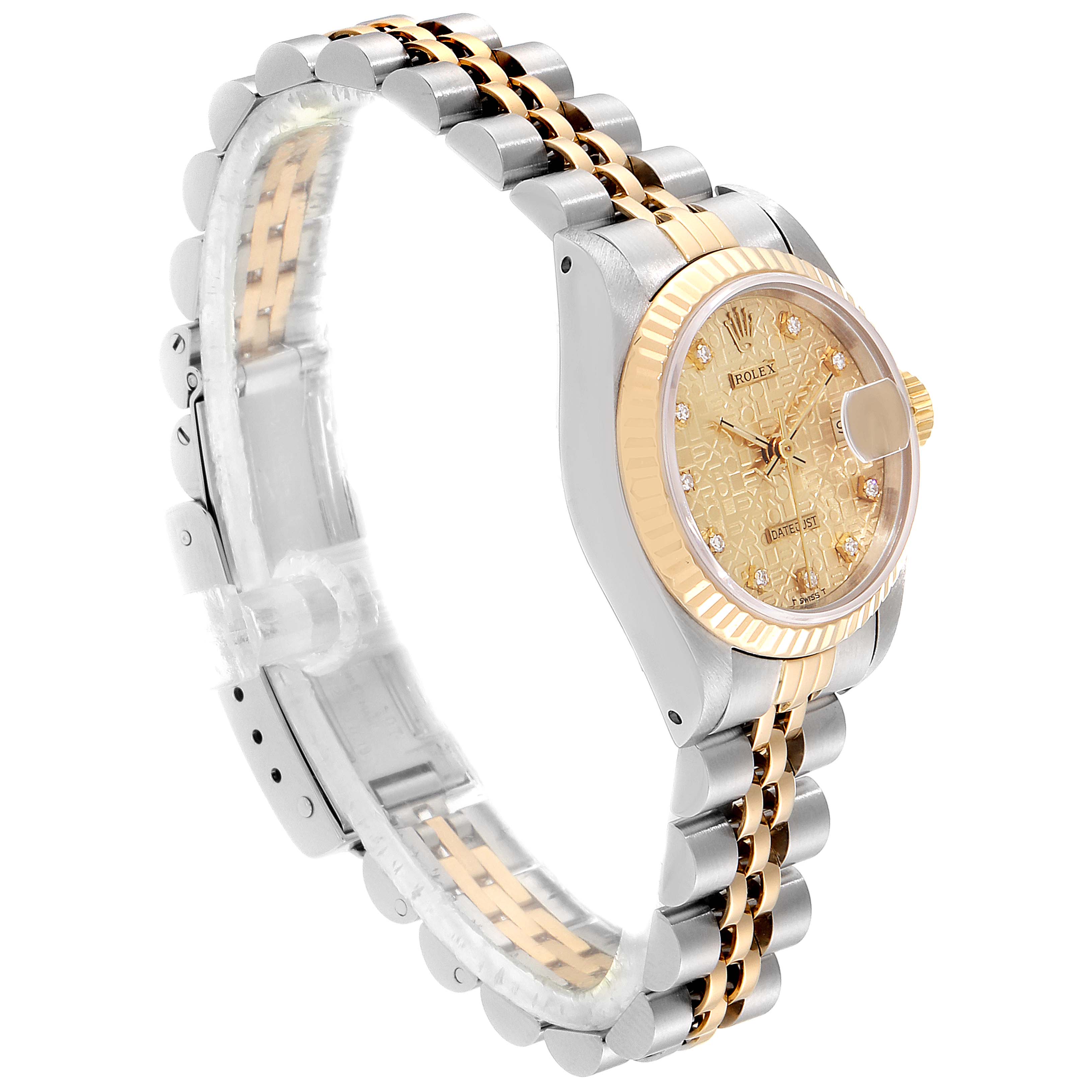 This Rolex Datejust 69173 Women's Steel and Gold (two tone) Champagne Dial 69173 Women's Steel and Gold (two tone) Champagne Dial watch is shown at a side angle, showcasing its bracelet, dial, bezel, and crown.
