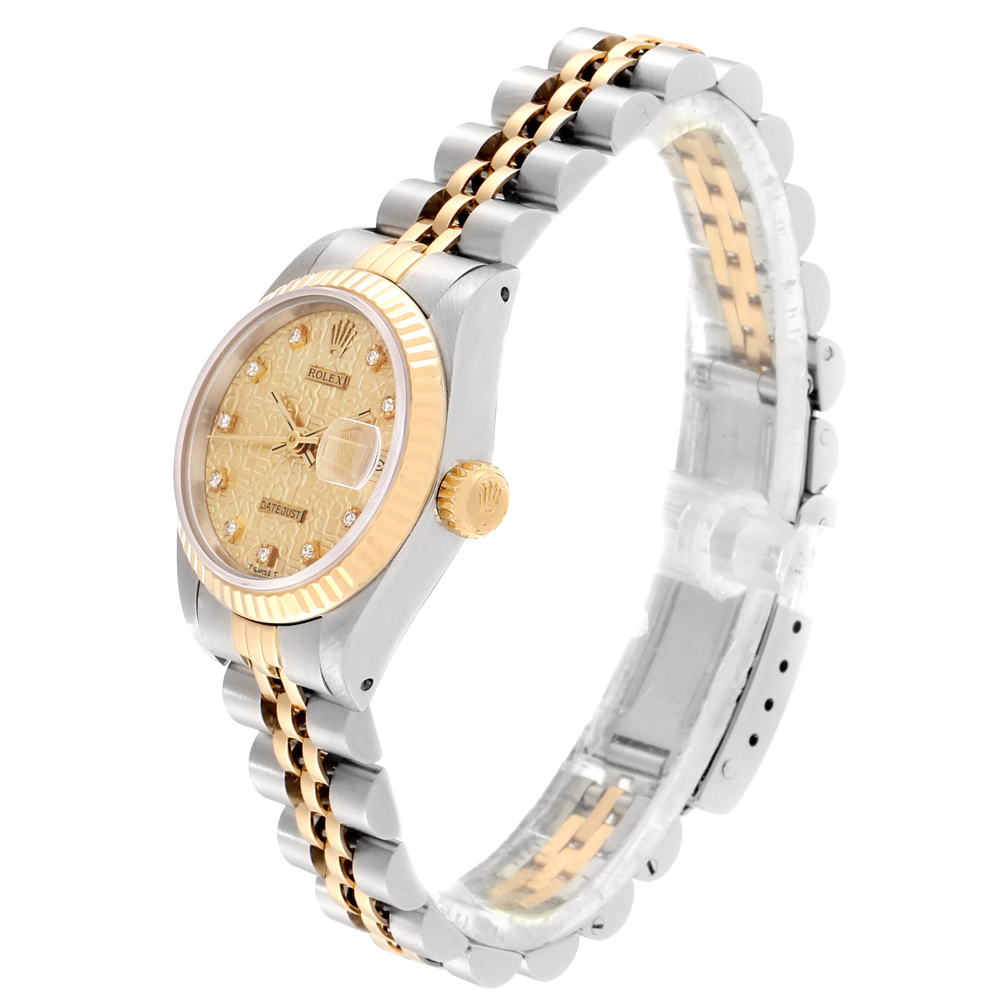 This Rolex Datejust 69173 Women's Steel and Gold (two tone) Champagne Dial 69173 Women's Steel and Gold (two tone) Champagne Dial watch is shown at a slight side angle, displaying the face, bezel, crown, and two-tone bracelet.