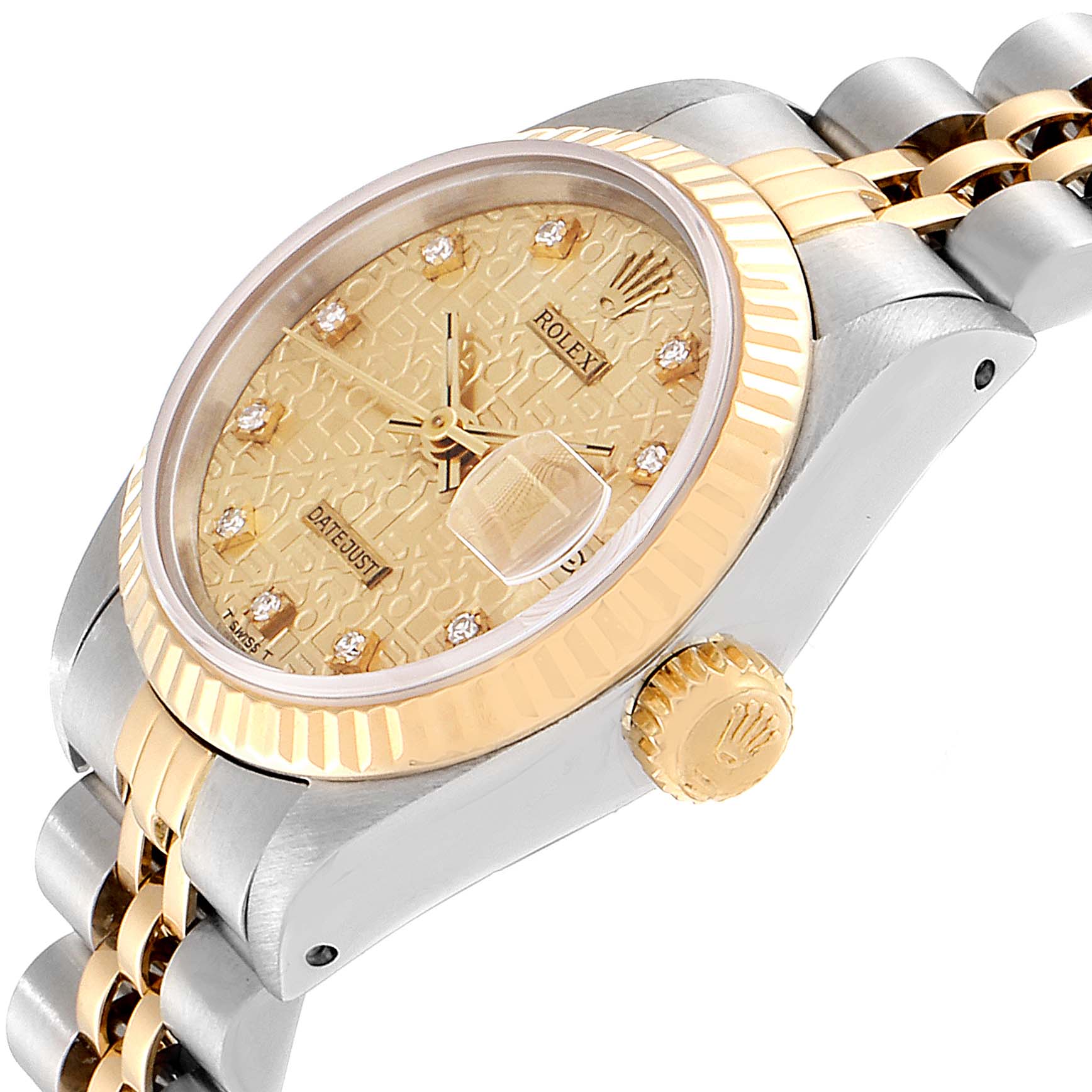 This image shows a side and slightly tilted top view of a Rolex Datejust 69173 Women's Steel and Gold (two tone) Champagne Dial 69173 Women's Steel and Gold (two tone) Champagne Dial watch, highlighting the dial, bezel, crown, and the bracelet.