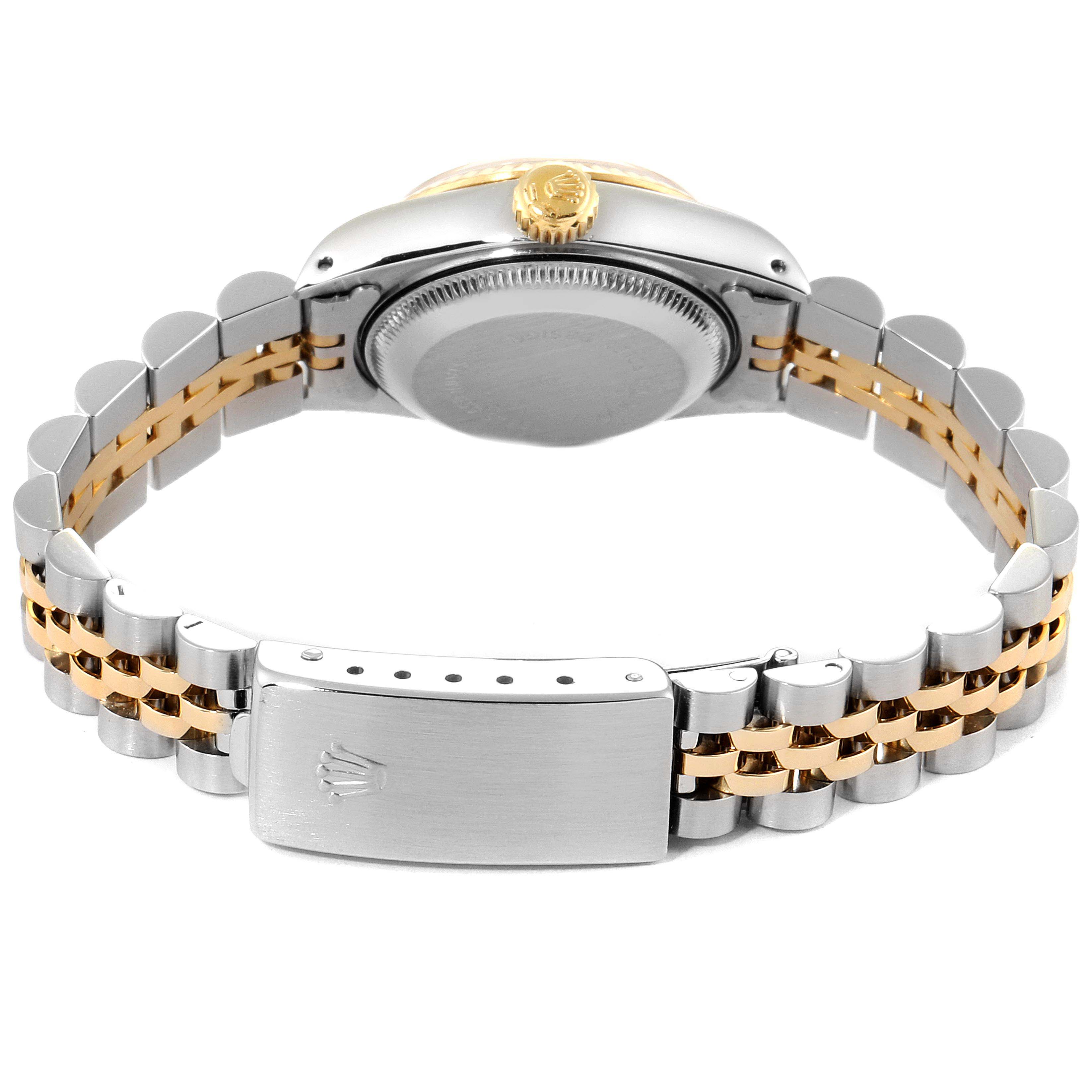 The image shows the back view and clasp of a Rolex Datejust 69173 Women's Steel and Gold (two tone) Champagne Dial 69173 Women's Steel and Gold (two tone) Champagne Dial watch.