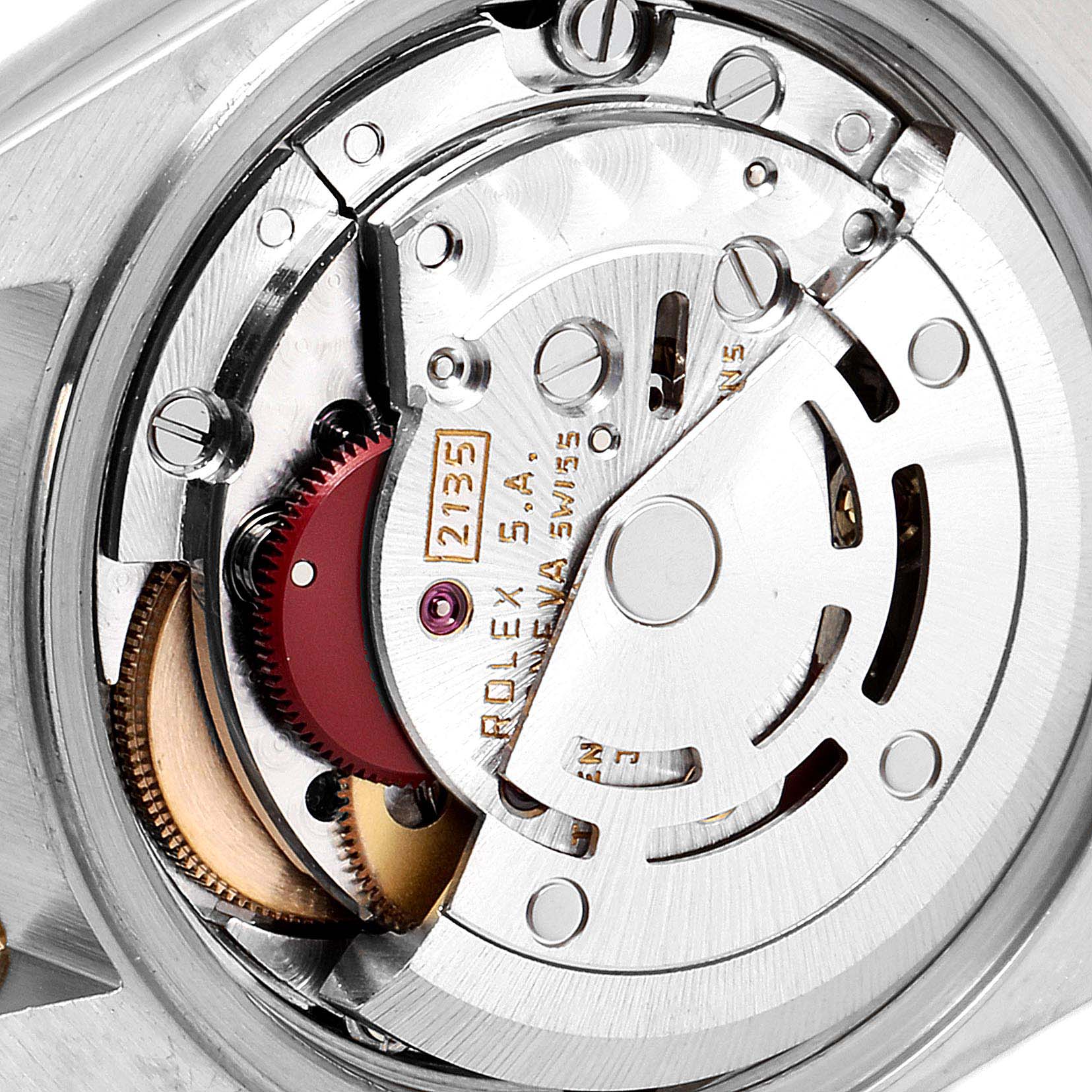 This image shows an up-close view of the internal mechanism of a Rolex Datejust 69173 Women's Steel and Gold (two tone) Champagne Dial 69173 Women's Steel and Gold (two tone) Champagne Dial watch.