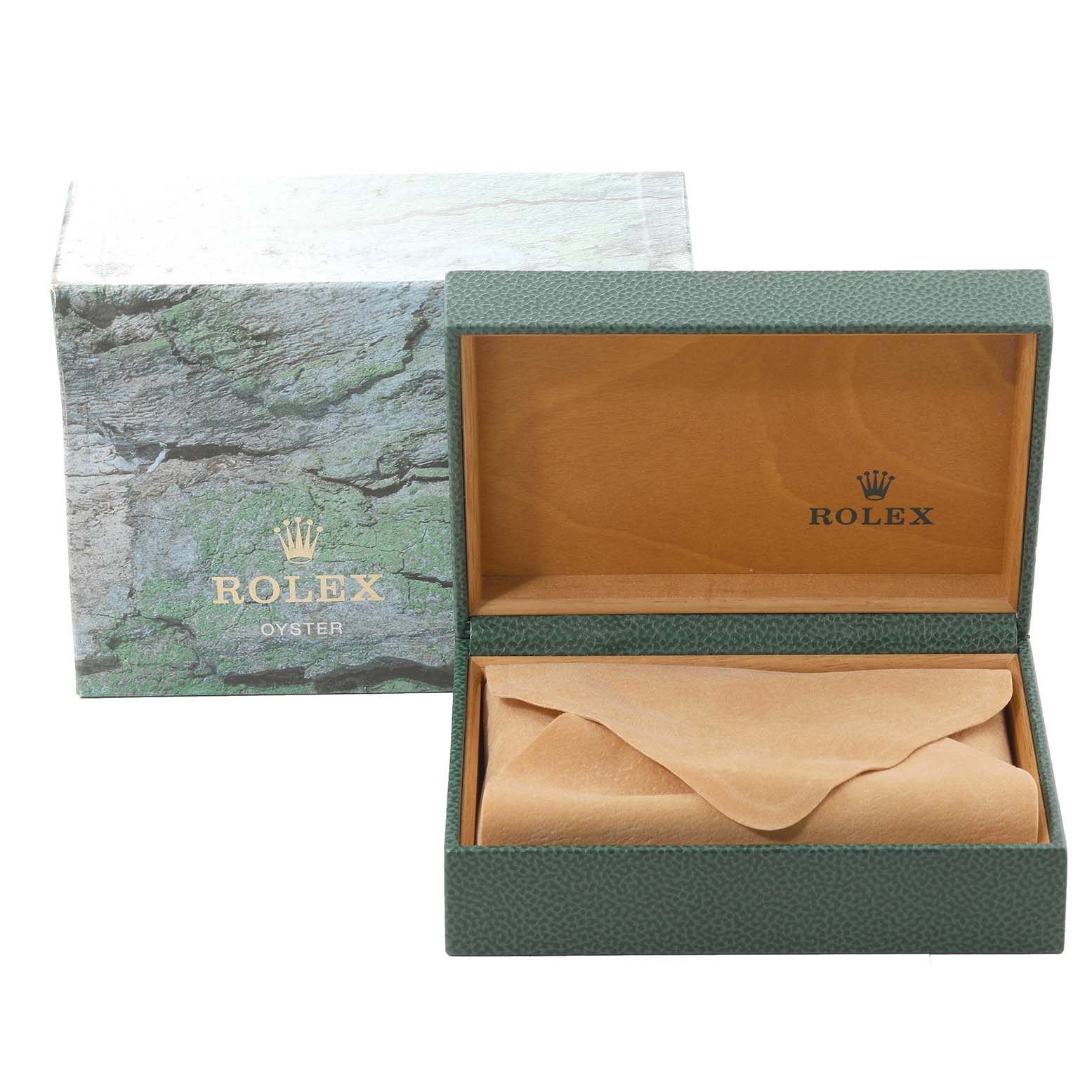 The image shows an open Rolex Datejust 179173 Women's Steel and Gold (two tone) Silver Dial 179173 Women's Steel and Gold (two tone) Silver Dial watch box with the interior packaging, alongside its textured green outer box.