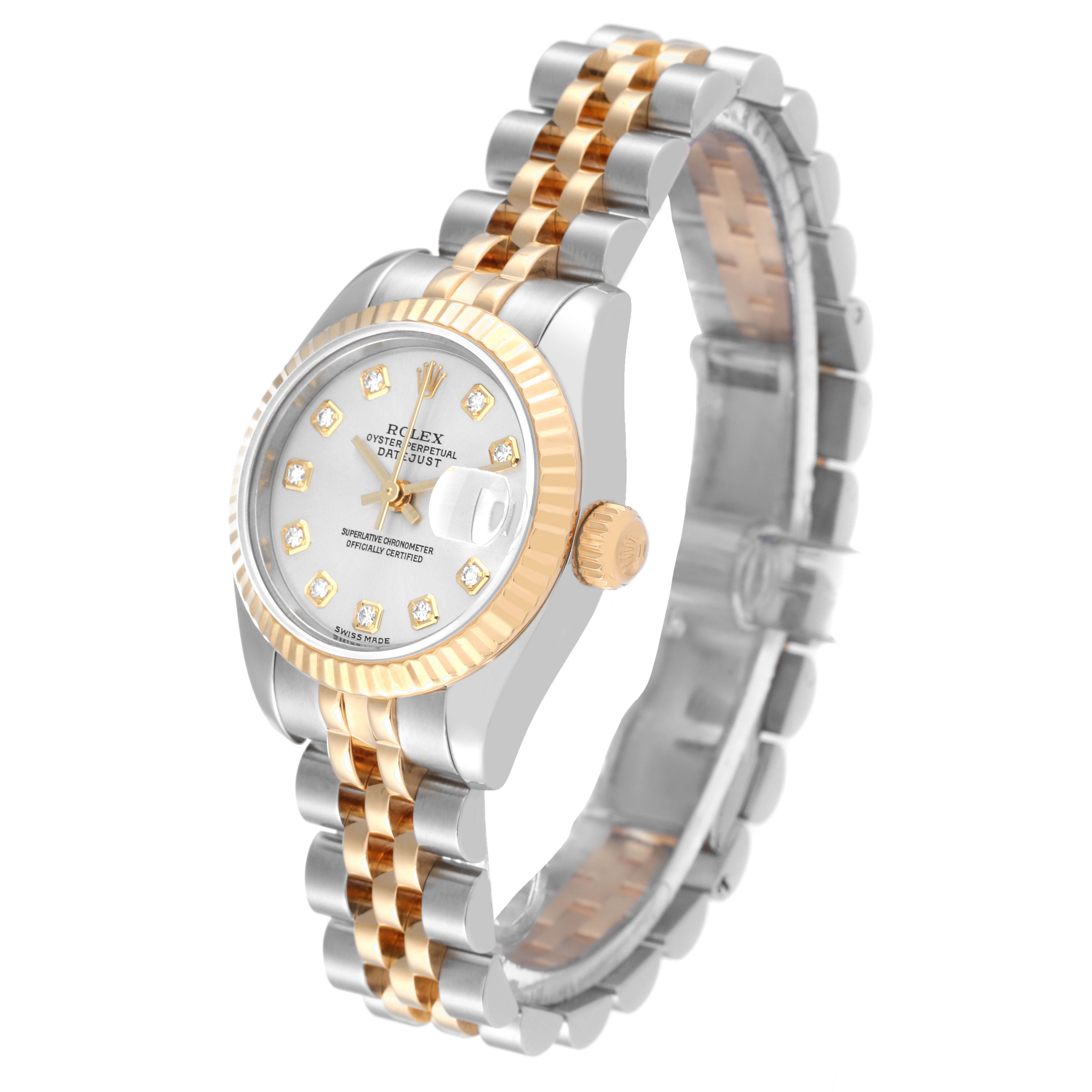 This image shows a Rolex Datejust 179173 Women's Steel and Gold (two tone) Silver Dial 179173 Women's Steel and Gold (two tone) Silver Dial watch at a three-quarter angle, highlighting the dial, bezel, crown, and two-tone bracelet.