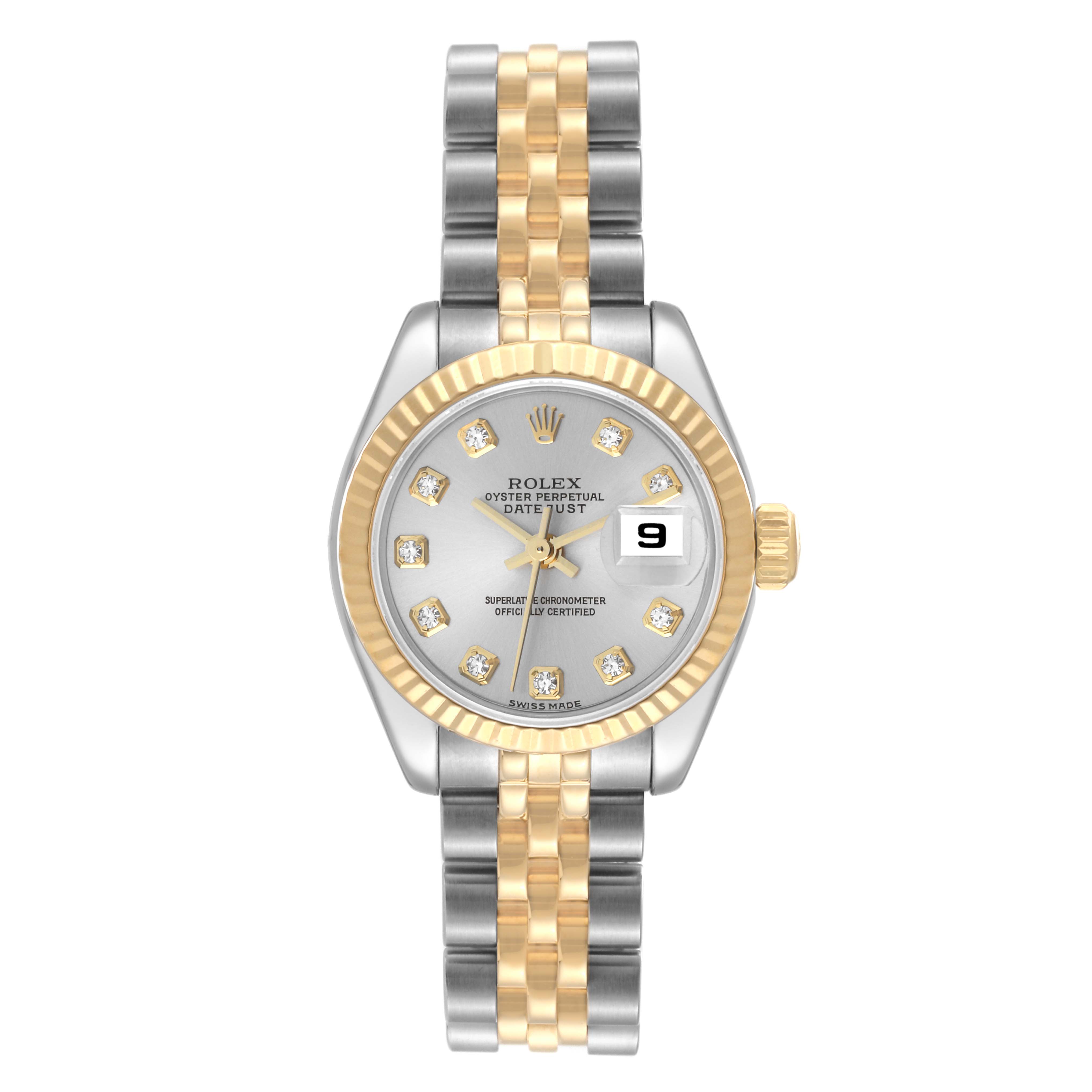 The image shows a Rolex Datejust 179173 Women's Steel and Gold (two tone) Silver Dial 179173 Women's Steel and Gold (two tone) Silver Dial watch from the front, displaying the bezel, dial, hands, date, and part of the bracelet.