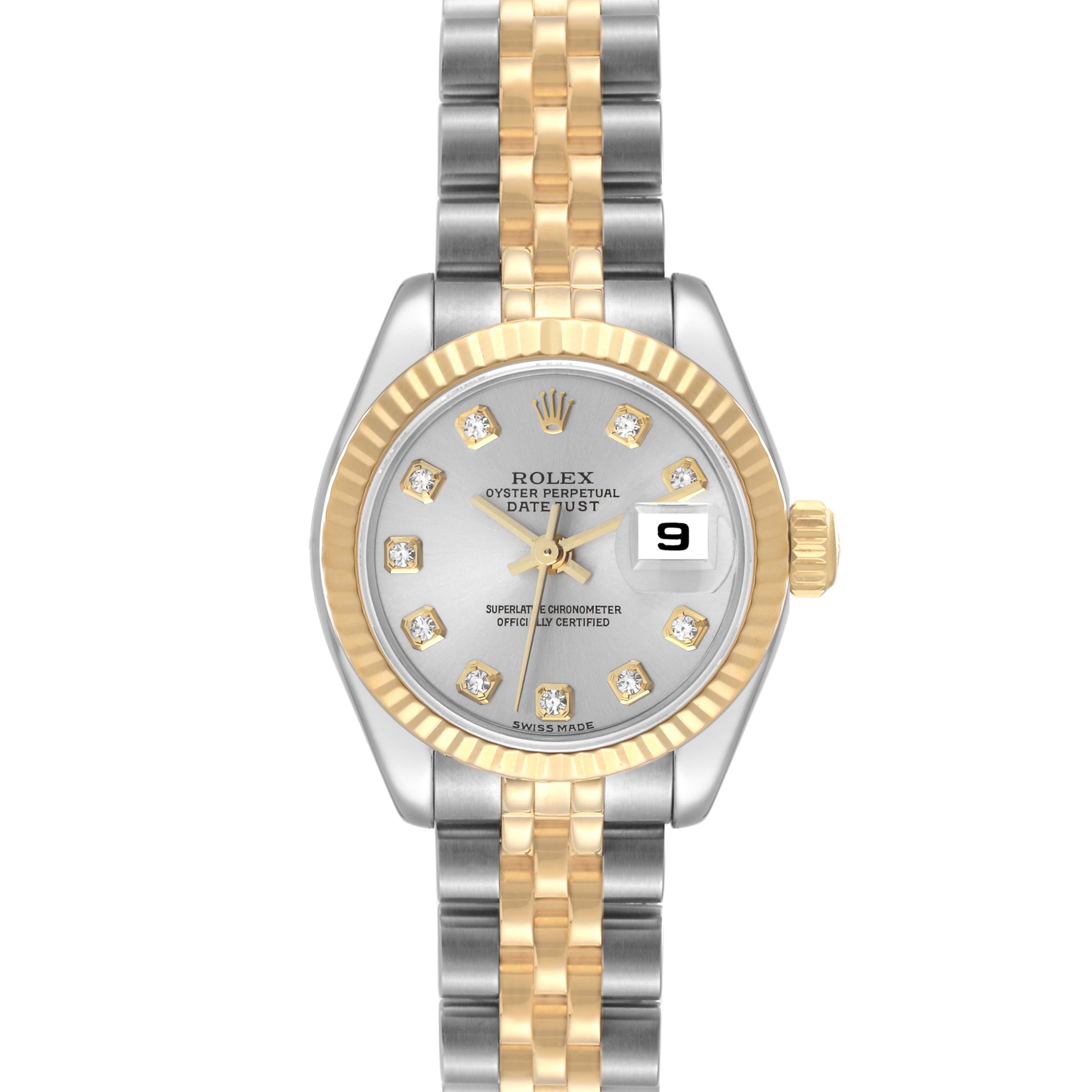 This image shows a front view of a Rolex Datejust 179173 Women's Steel and Gold (two tone) Silver Dial 179173 Women's Steel and Gold (two tone) Silver Dial watch, highlighting the dial, bezel, crown, and bracelet.