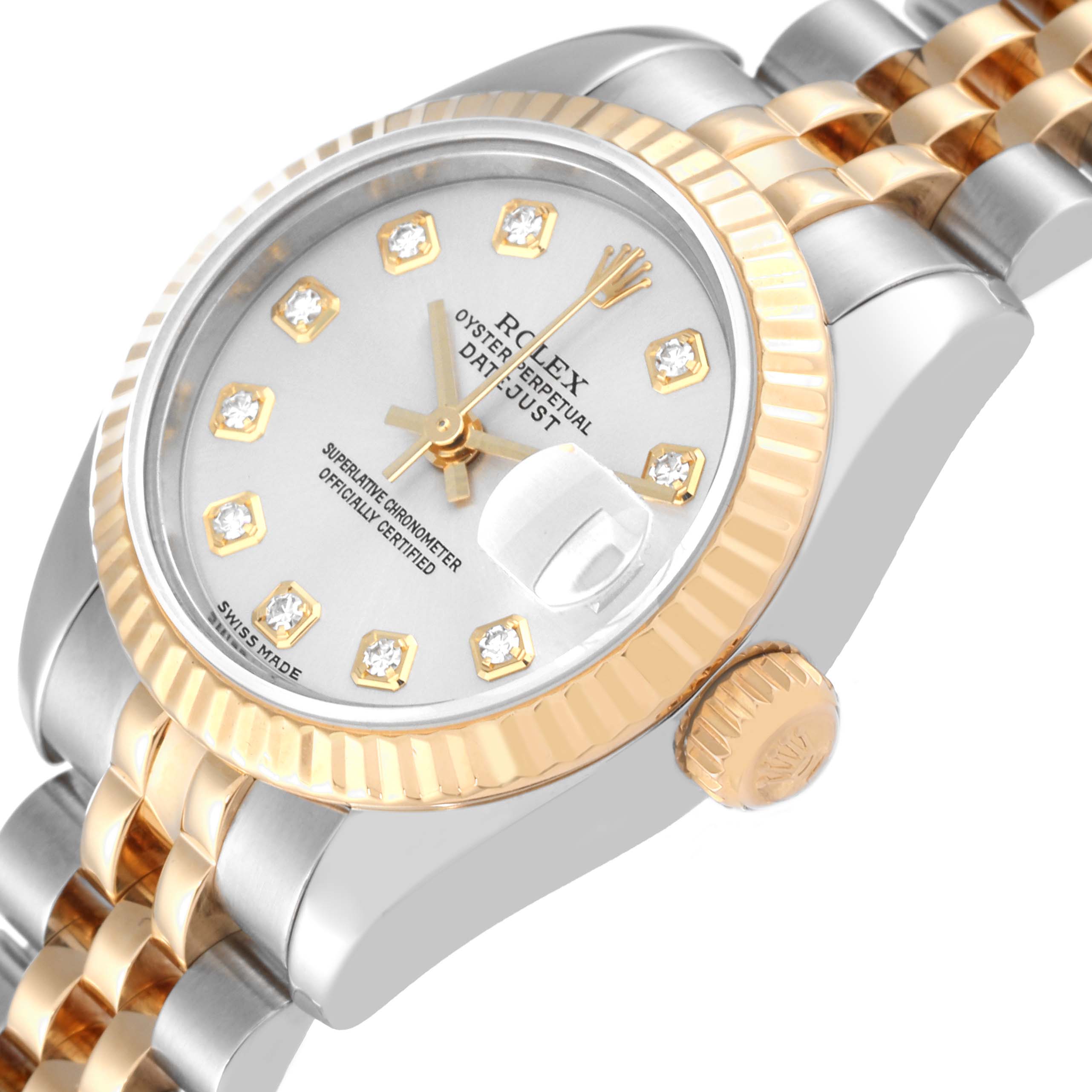 The image shows an angled view of a Rolex Datejust 179173 Women's Steel and Gold (two tone) Silver Dial 179173 Women's Steel and Gold (two tone) Silver Dial watch featuring a gold bezel, diamond markers, and a two-tone bracelet.