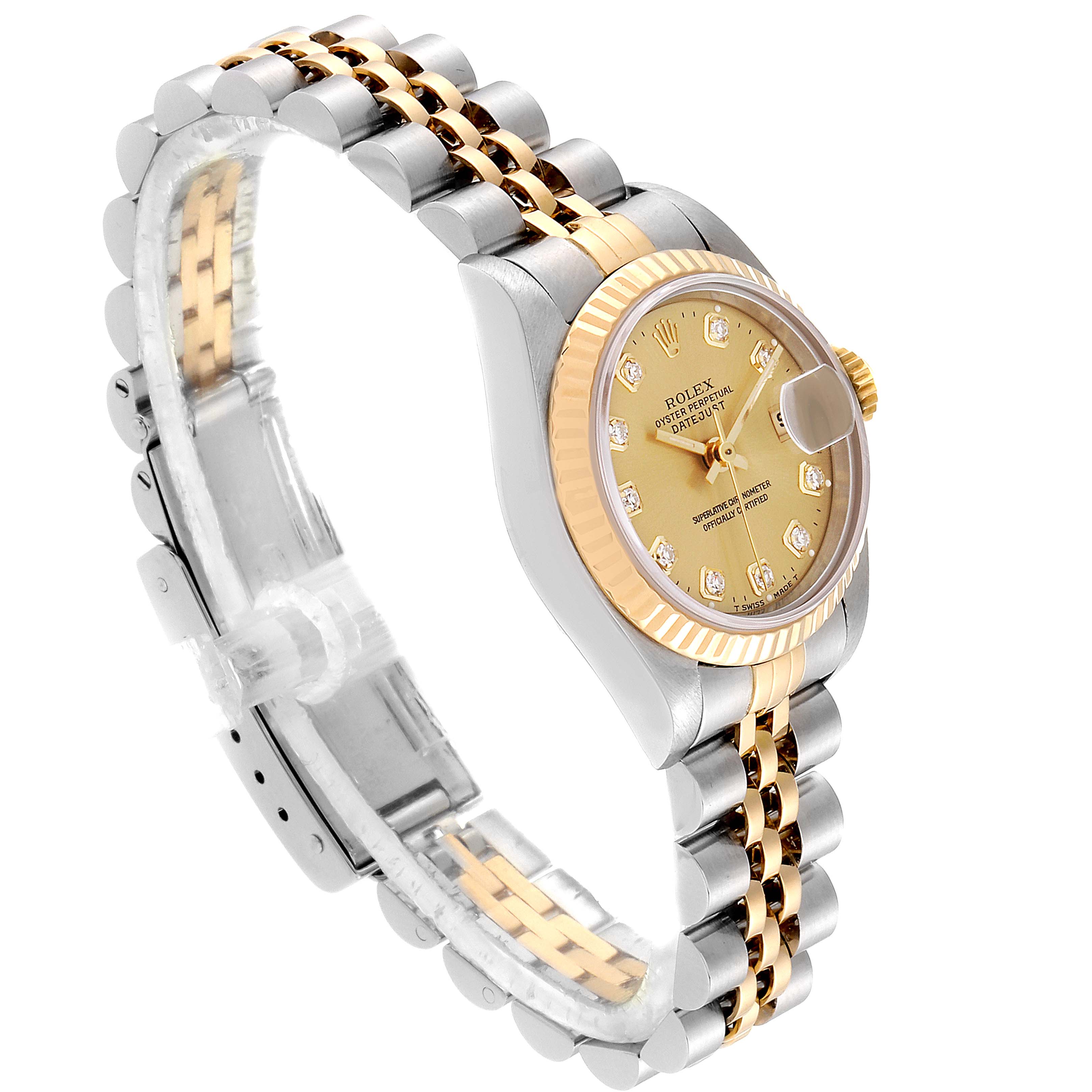 The Rolex Datejust 69173 Women's Steel and Gold (two tone) Champagne Dial 69173 Women's Steel and Gold (two tone) Champagne Dial watch is shown at a three-quarter angle, highlighting its gold and silver jubilee bracelet and diamond-set champagne dial.