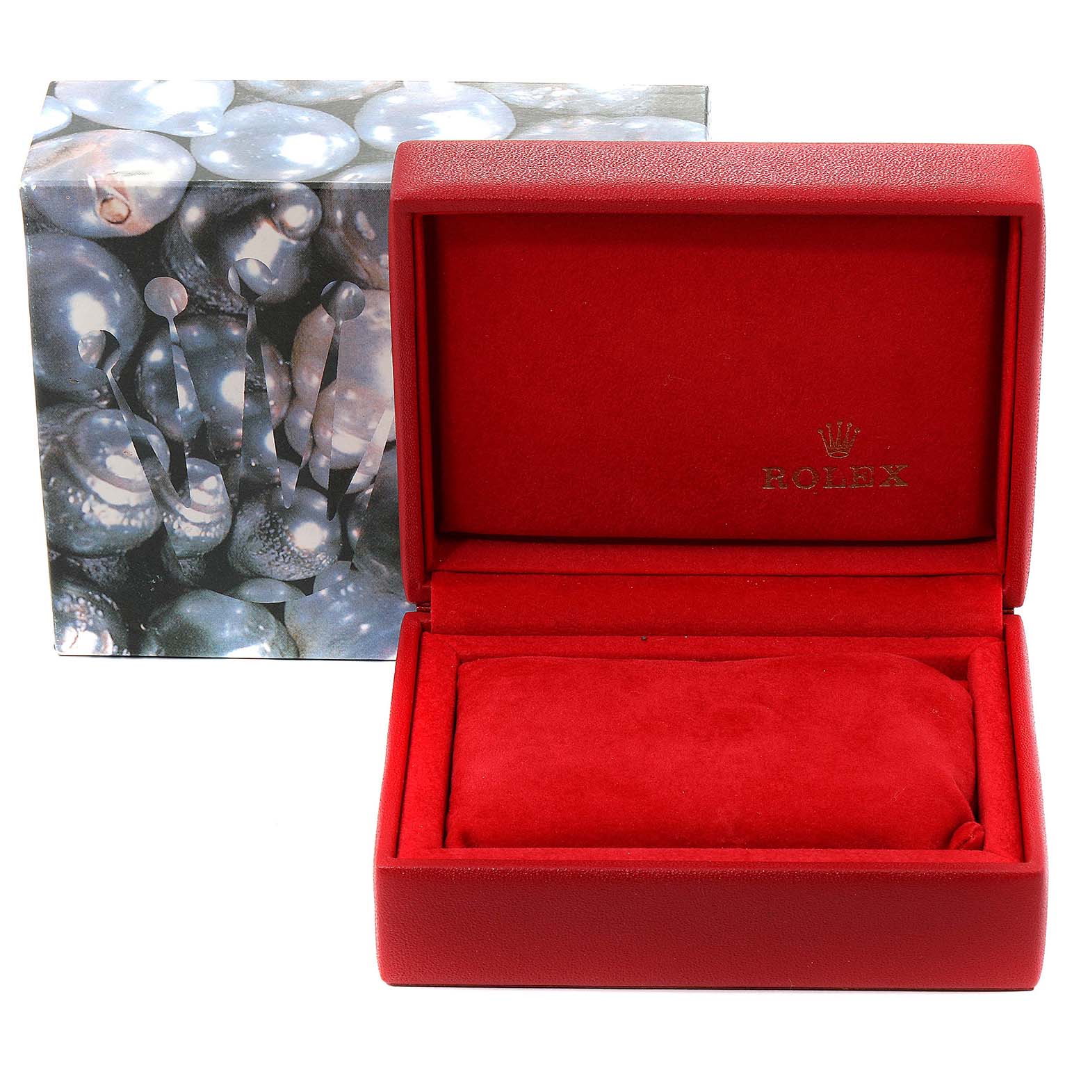 The image shows a closed box and an open red Rolex box with a cushion, likely for the Datejust model watch.