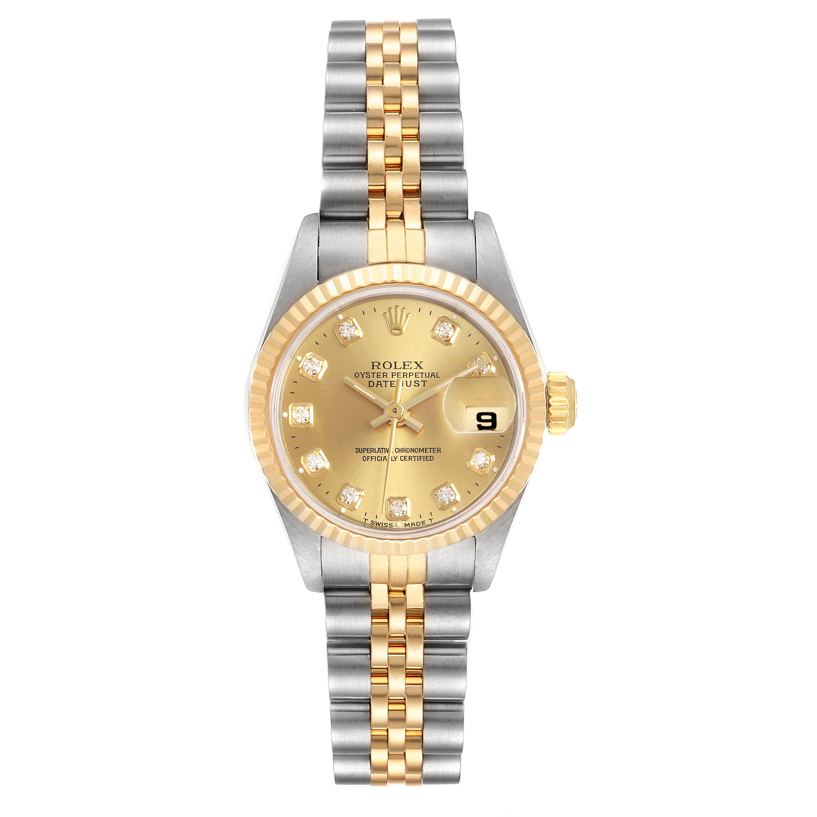 The image shows a front view of a Rolex Datejust 69173 Women's Steel and Gold (two tone) Champagne Dial 69173 Women's Steel and Gold (two tone) Champagne Dial watch, highlighting its two-tone gold and silver bracelet, gold dial, and fluted bezel.