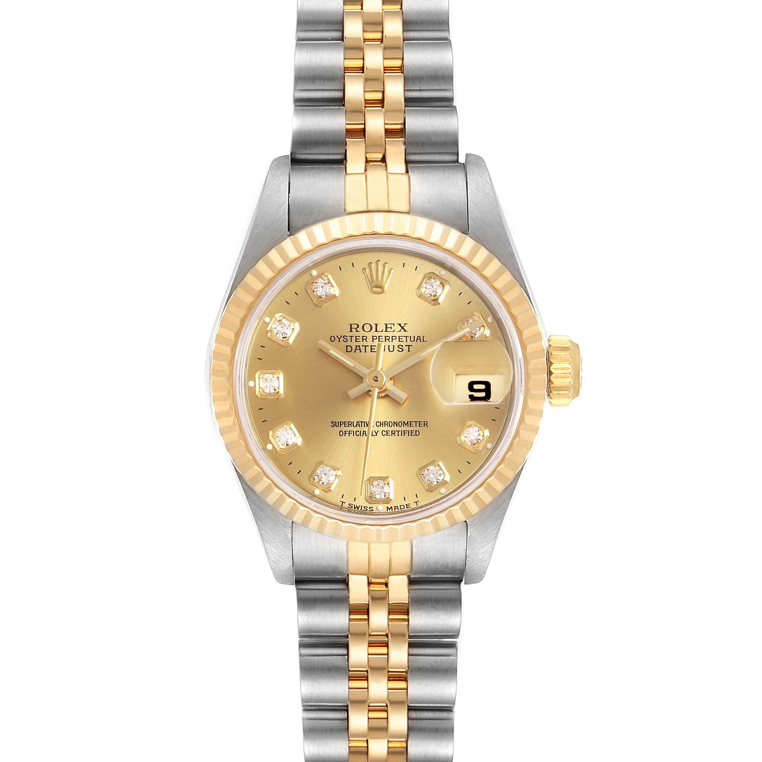 The image shows a frontal view of a Rolex Datejust 69173 Women's Steel and Gold (two tone) Champagne Dial 69173 Women's Steel and Gold (two tone) Champagne Dial watch featuring a two-tone band, gold dial, and date display.