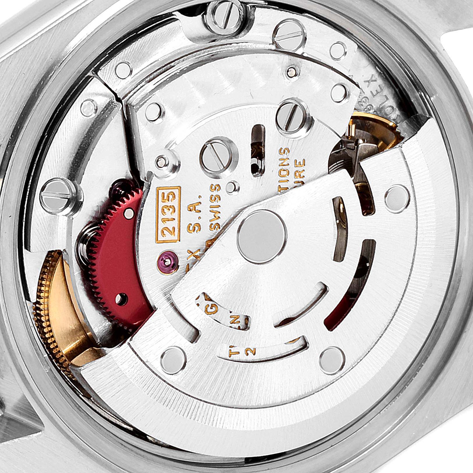 The image shows the internal mechanism of a Rolex Datejust 69173 Women's Steel and Gold (two tone) Champagne Dial 69173 Women's Steel and Gold (two tone) Champagne Dial watch from the backside angle.