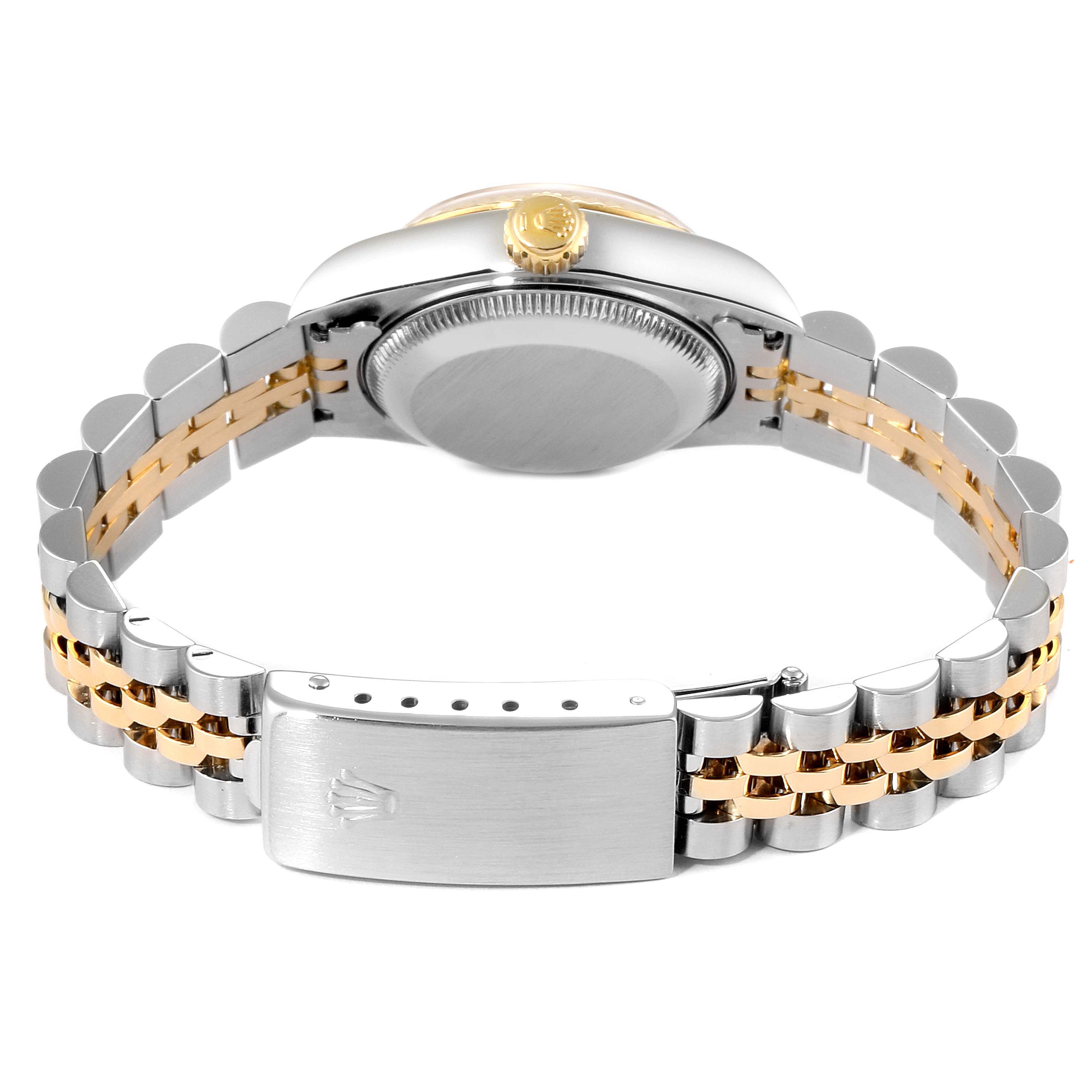 This image shows the back view of a Rolex Datejust 69173 Women's Steel and Gold (two tone) Champagne Dial 69173 Women's Steel and Gold (two tone) Champagne Dial watch, highlighting the clasp, bracelet, and case back.