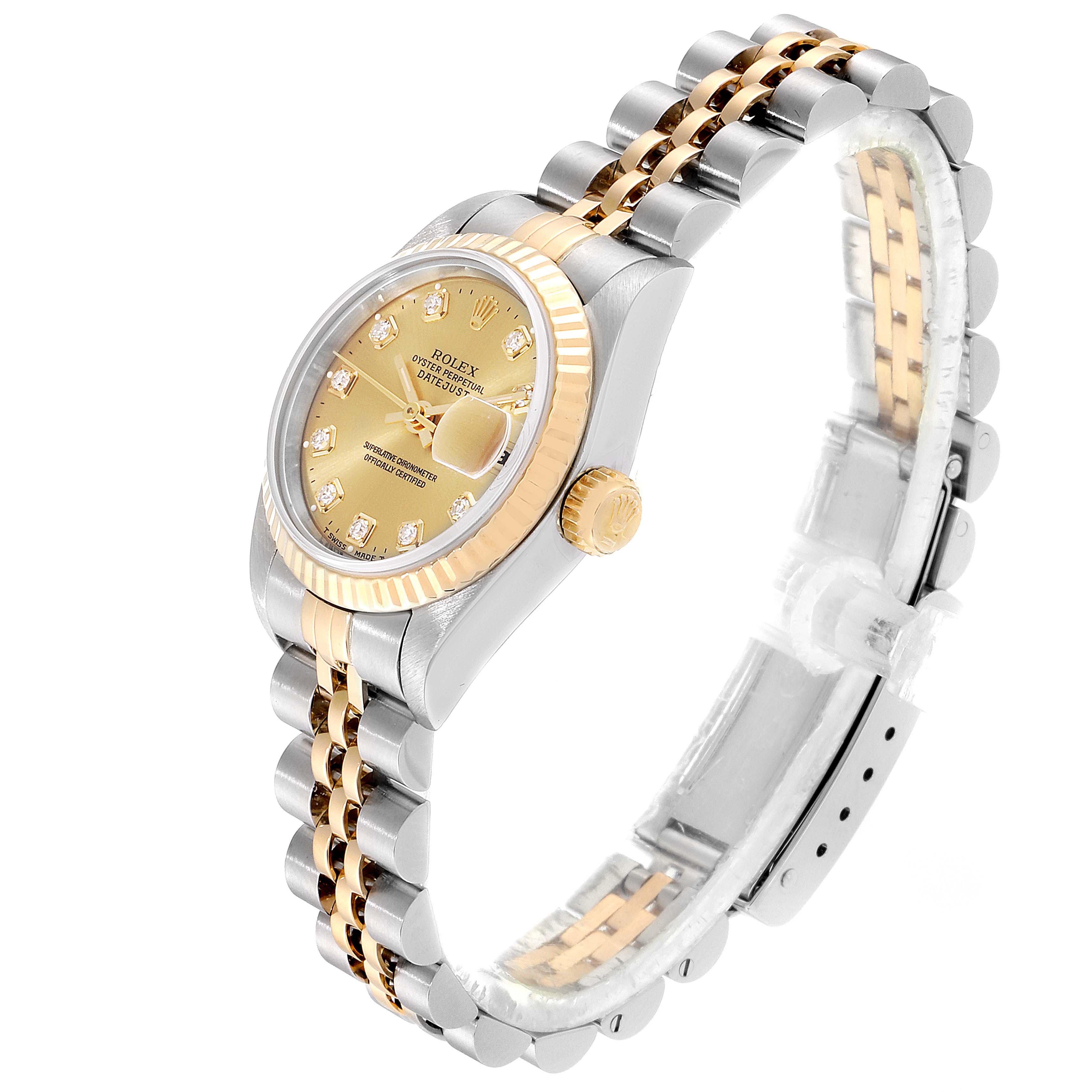 The Rolex Datejust 69173 Women's Steel and Gold (two tone) Champagne Dial 69173 Women's Steel and Gold (two tone) Champagne Dial watch is shown at a three-quarter angle, featuring its gold and silver bracelet, crown, bezel, and dial with diamond hour markers.