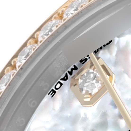 The close-up shows a partial view of a Rolex Datejust 279383RBR Women's Steel and Gold (two tone) Mother of Pearl Dial 279383RBR Women's Steel and Gold (two tone) Mother of Pearl Dial bezel with diamonds and part of the dial reading "SWISS MADE."
