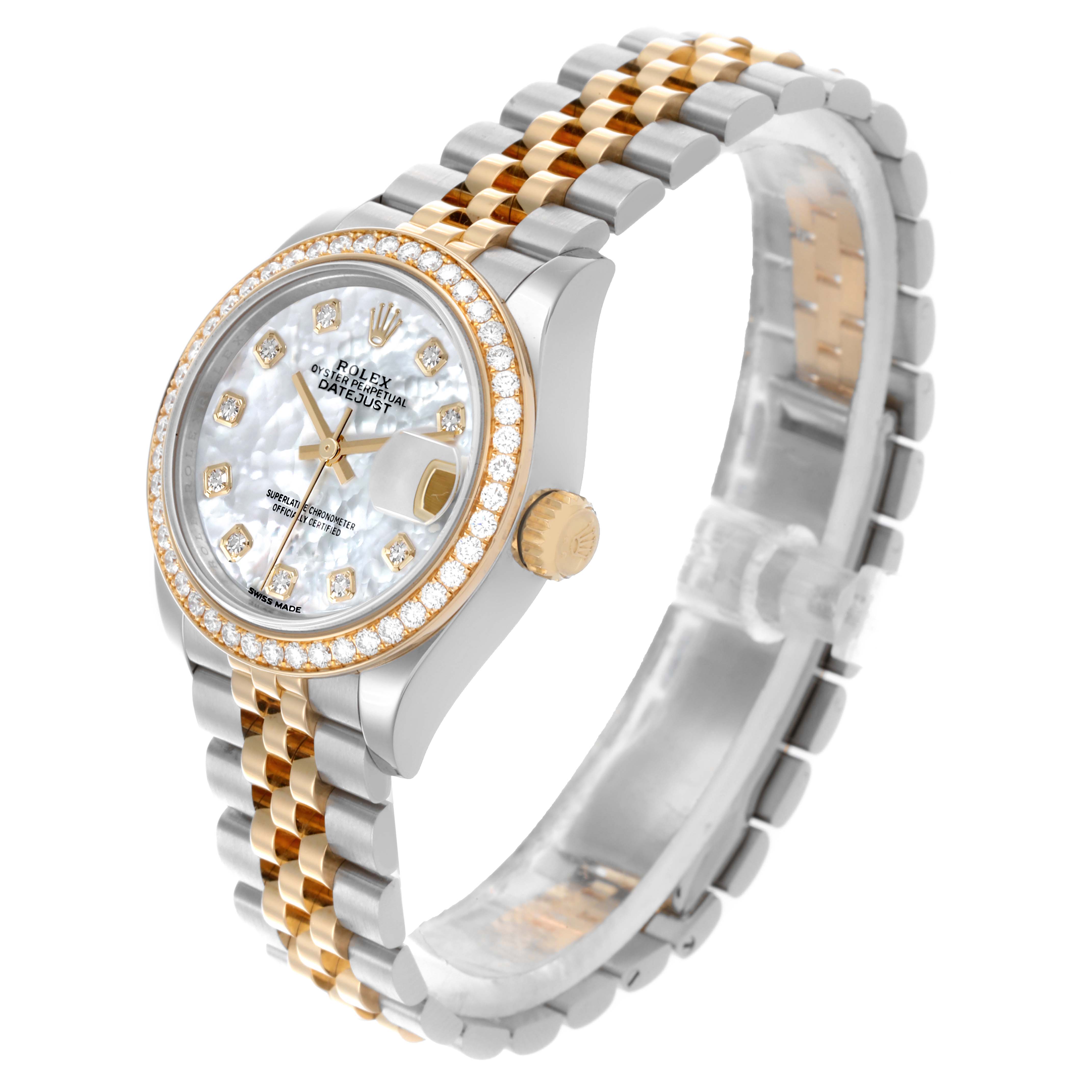 The Rolex Datejust 279383RBR Women's Steel and Gold (two tone) Mother of Pearl Dial 279383RBR Women's Steel and Gold (two tone) Mother of Pearl Dial watch is shown at an oblique angle, displaying the dial, bezel, crown, and Jubilee bracelet.