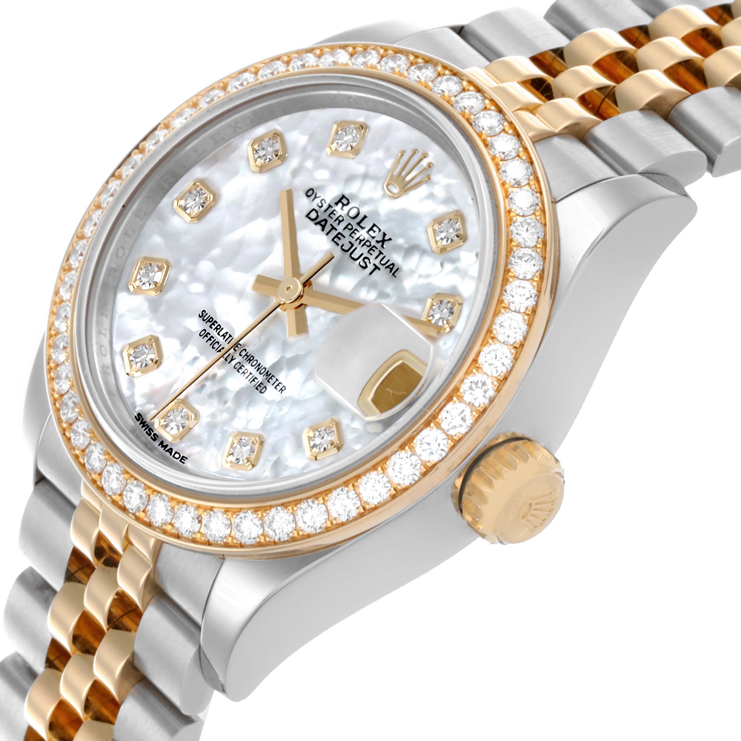 The Rolex Datejust 279383RBR Women's Steel and Gold (two tone) Mother of Pearl Dial 279383RBR Women's Steel and Gold (two tone) Mother of Pearl Dial watch is shown at an oblique angle, highlighting the dial, bezel, and partial bracelet.