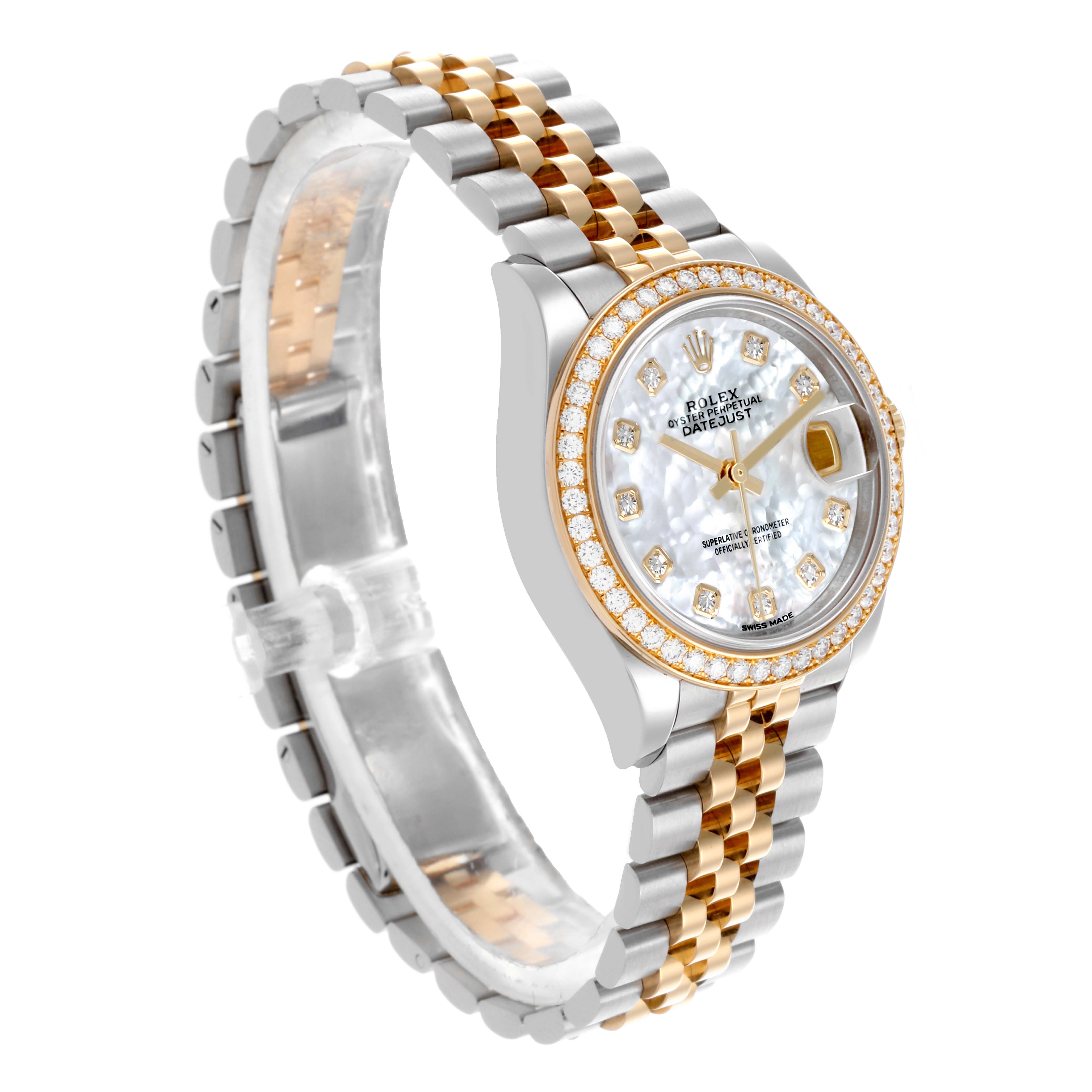 The Rolex Datejust 279383RBR Women's Steel and Gold (two tone) Mother of Pearl Dial 279383RBR Women's Steel and Gold (two tone) Mother of Pearl Dial watch is shown at an angle highlighting the face, bezel, and two-tone bracelet.