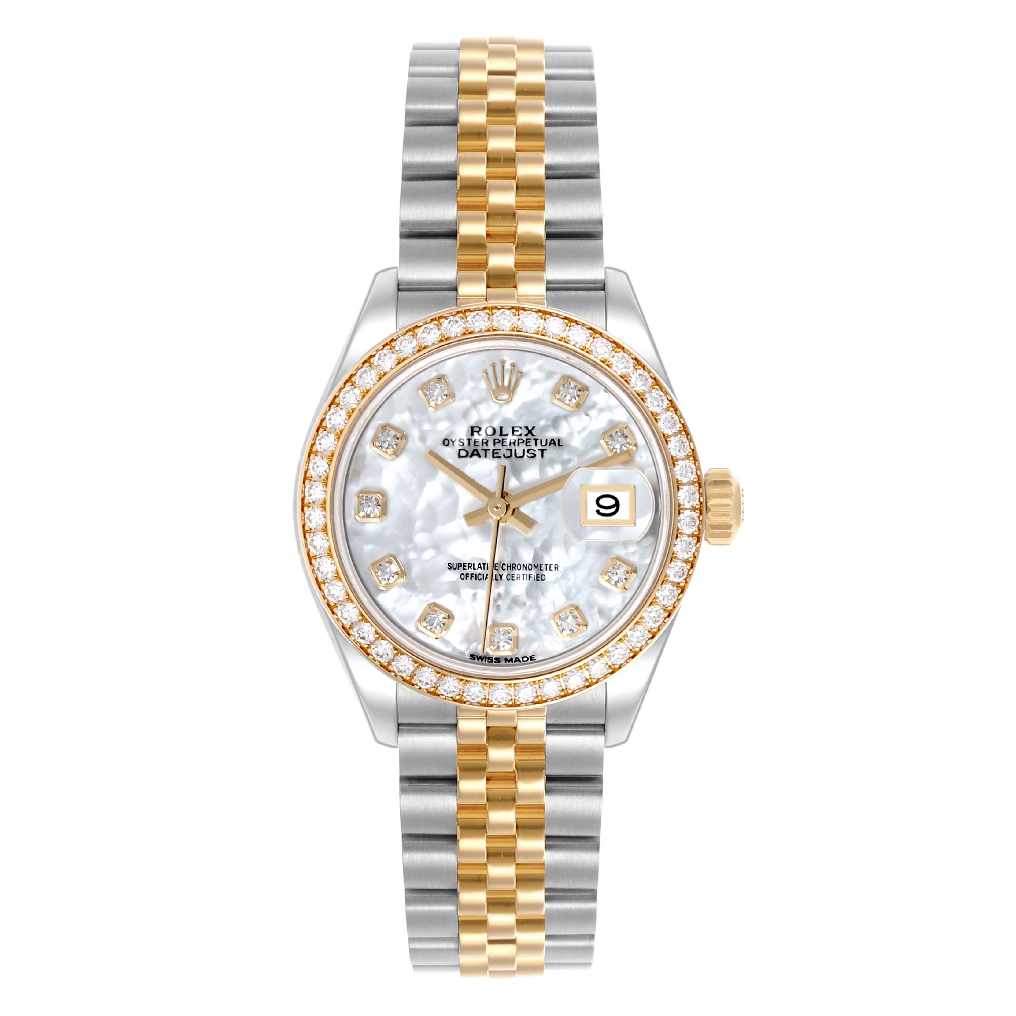 The Rolex Datejust 279383RBR Women's Steel and Gold (two tone) Mother of Pearl Dial 279383RBR Women's Steel and Gold (two tone) Mother of Pearl Dial watch is shown from the front, displaying its bezel, dial, and two-tone bracelet.
