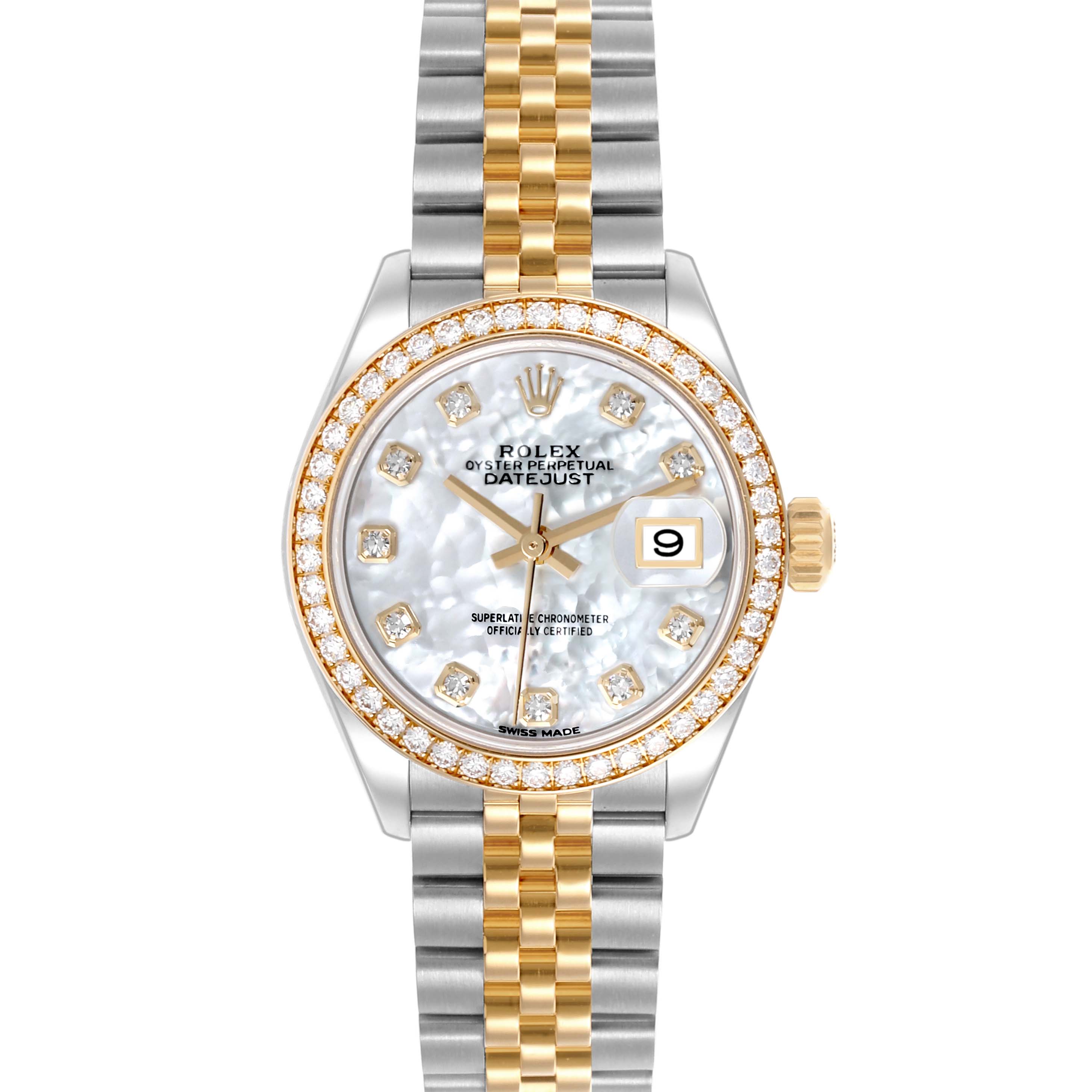The Rolex Datejust 279383RBR Women's Steel and Gold (two tone) Mother of Pearl Dial 279383RBR Women's Steel and Gold (two tone) Mother of Pearl Dial is shown from a top-down angle, displaying its dial, bezel, and bracelet.