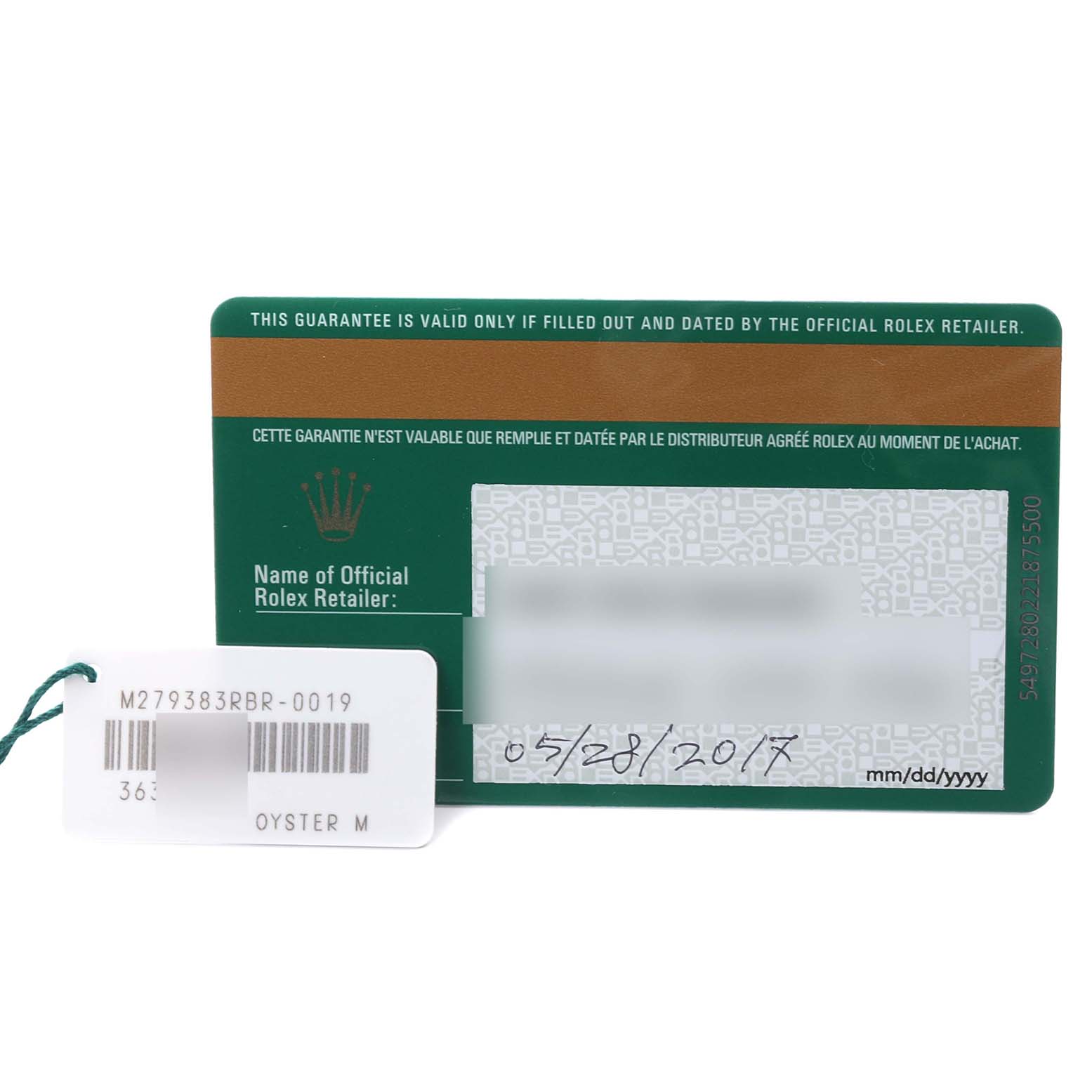 The image shows a Rolex Datejust 279383RBR Women's Steel and Gold (two tone) Mother of Pearl Dial 279383RBR Women's Steel and Gold (two tone) Mother of Pearl Dial warranty card and hang tag with model information, viewed from above.