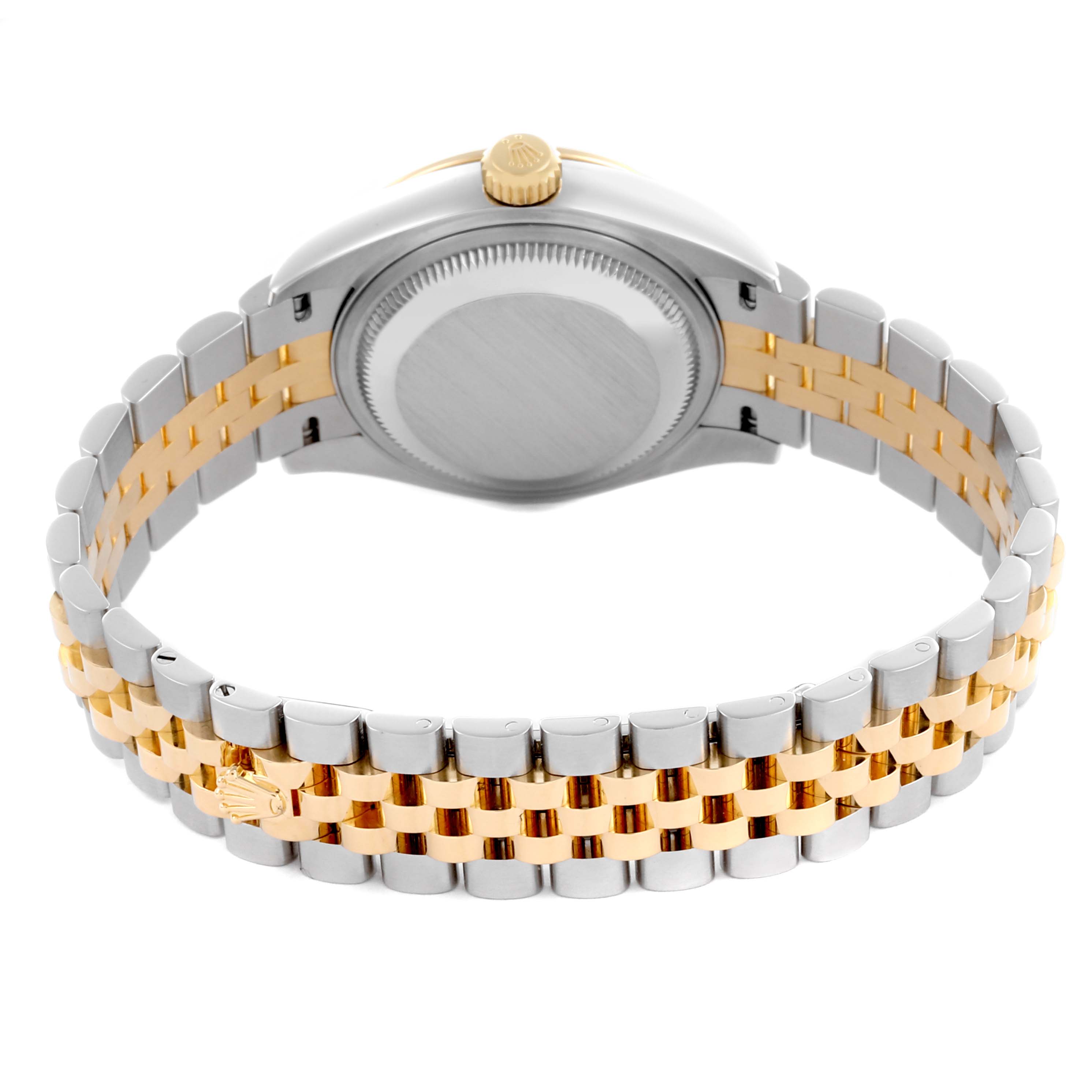 The image shows the back and side angle of a Rolex Datejust 279383RBR Women's Steel and Gold (two tone) Mother of Pearl Dial 279383RBR Women's Steel and Gold (two tone) Mother of Pearl Dial, highlighting the two-tone bracelet and case back.
