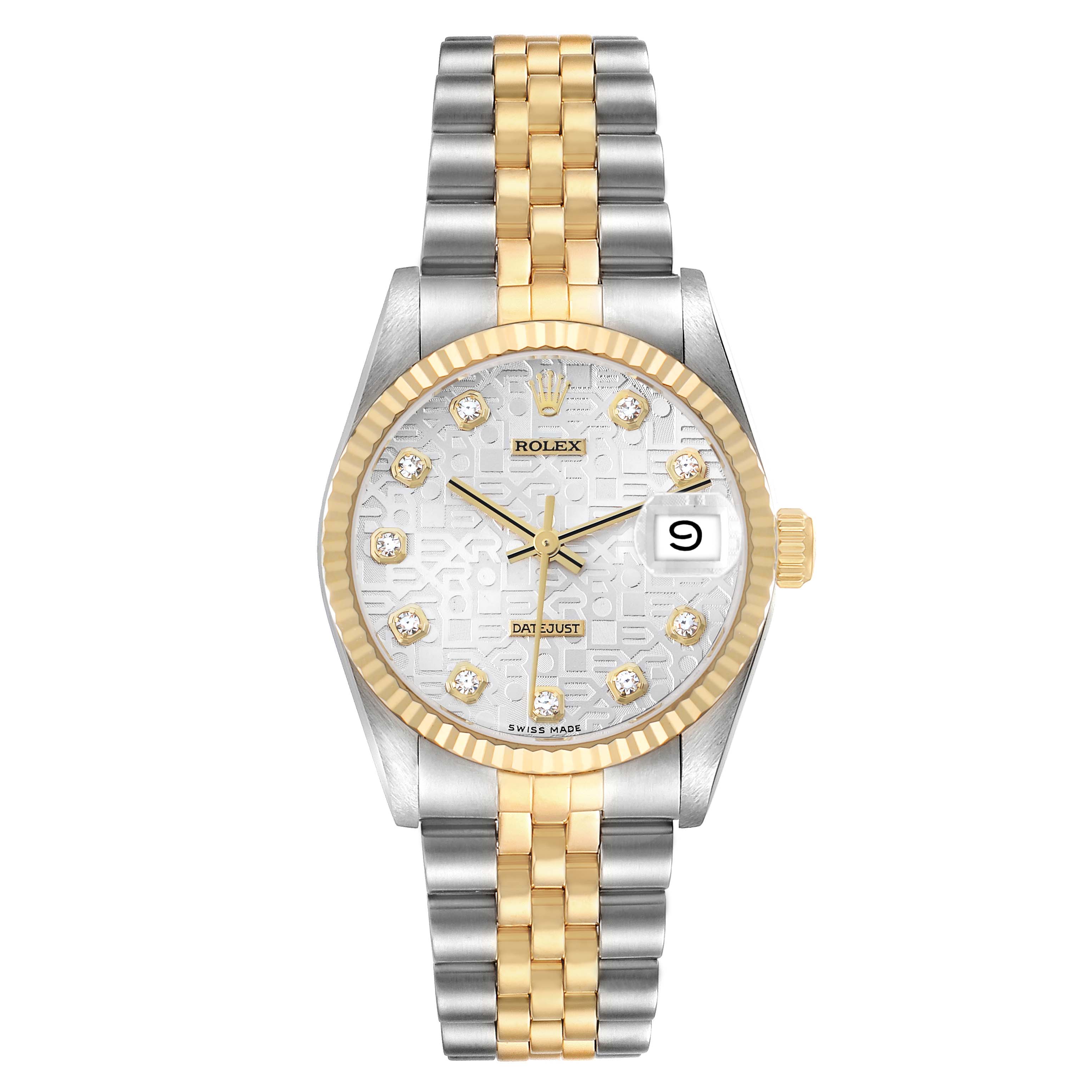 The Rolex Mid-Size 68273 Women
s Steel and Gold (two tone) Silver Dial model is shown from a top-down angle with a silver and gold bracelet, white dial, and date window.