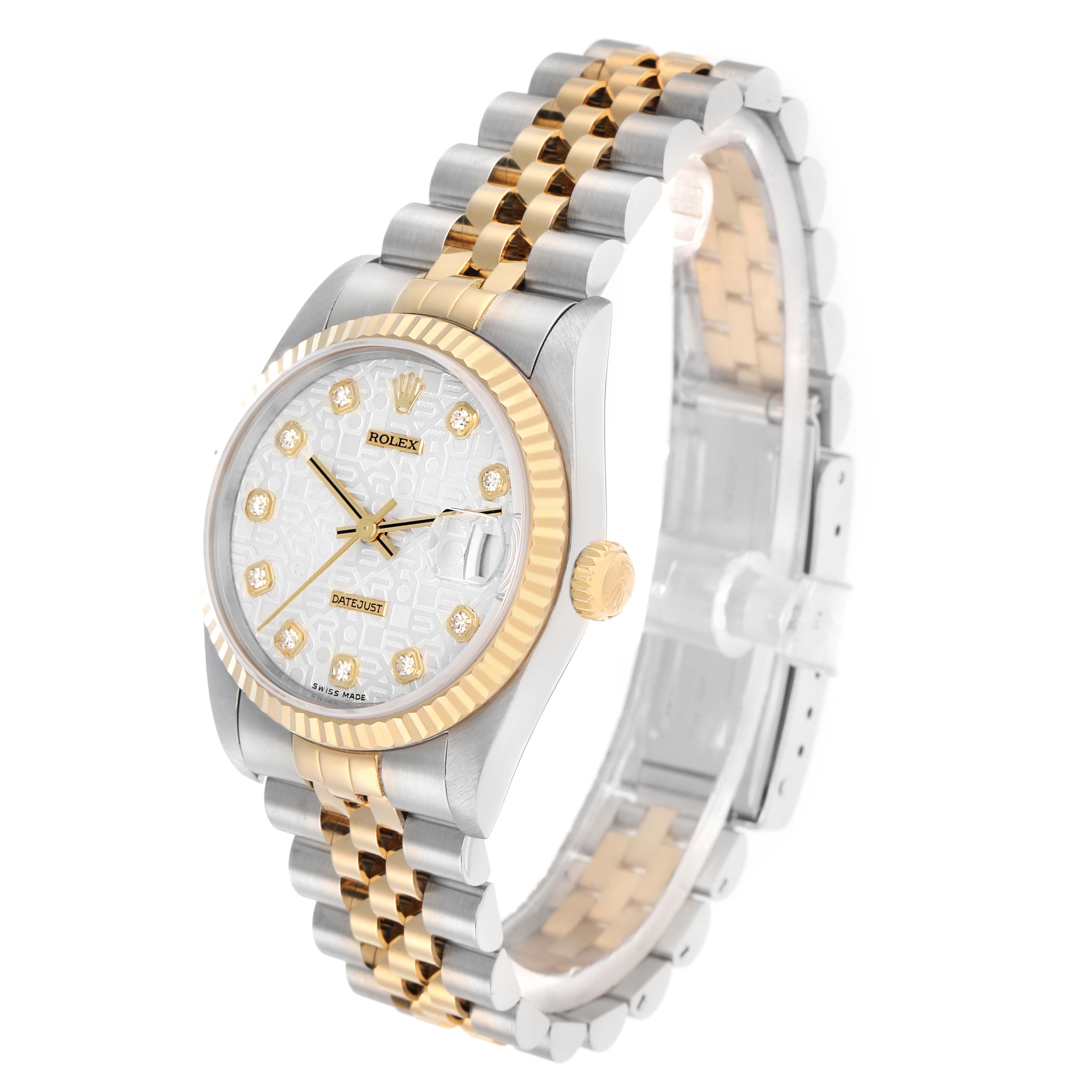 The Rolex Mid-Size 68273 Women
s Steel and Gold (two tone) Silver Dial watch is shown at a slight angle, highlighting the face, bezel, crown, and two-tone bracelet.