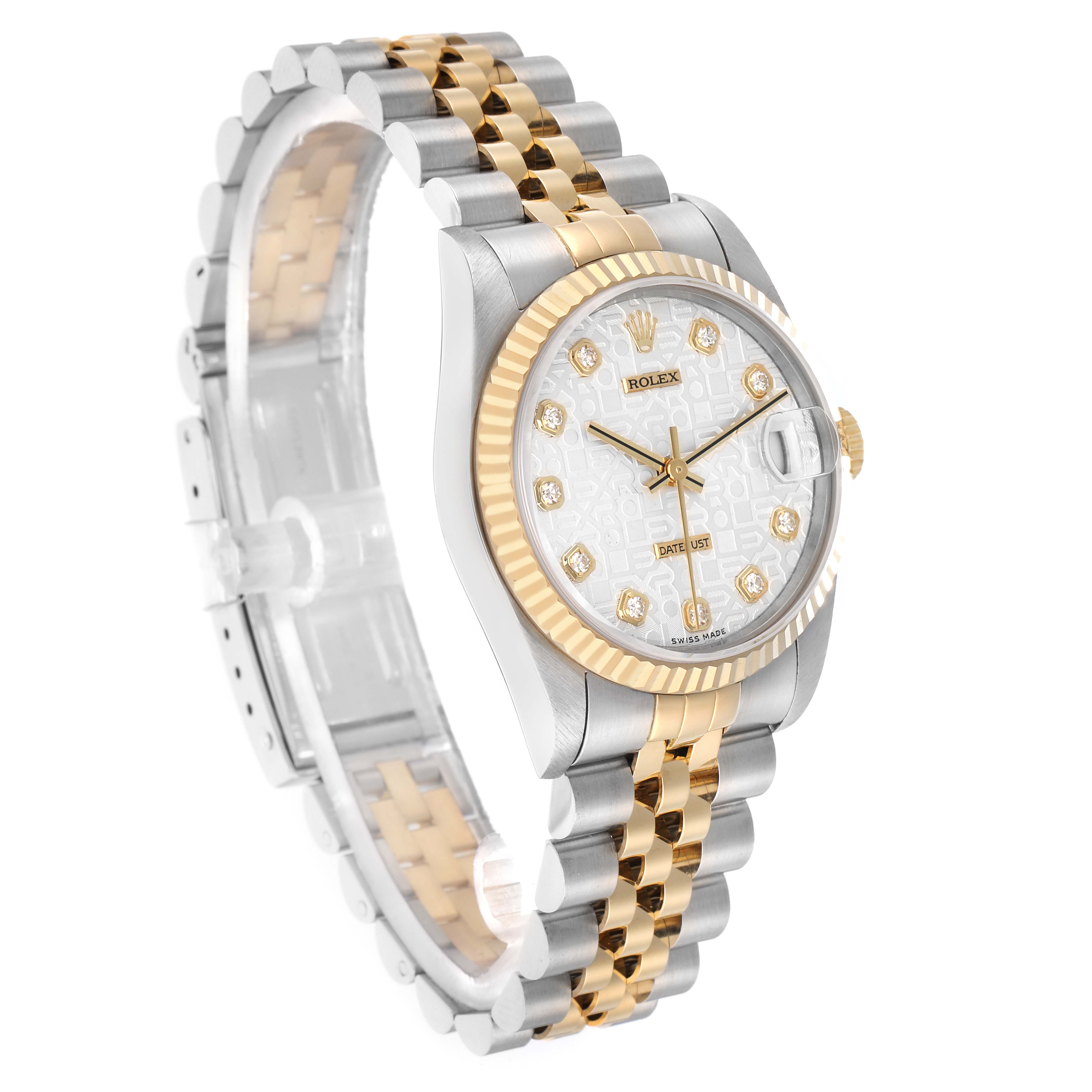 The Rolex Mid-Size 68273 Women
s Steel and Gold (two tone) Silver Dial model watch is shown at a three-quarter angle, displaying the dial, bezel, and part of the bracelet.