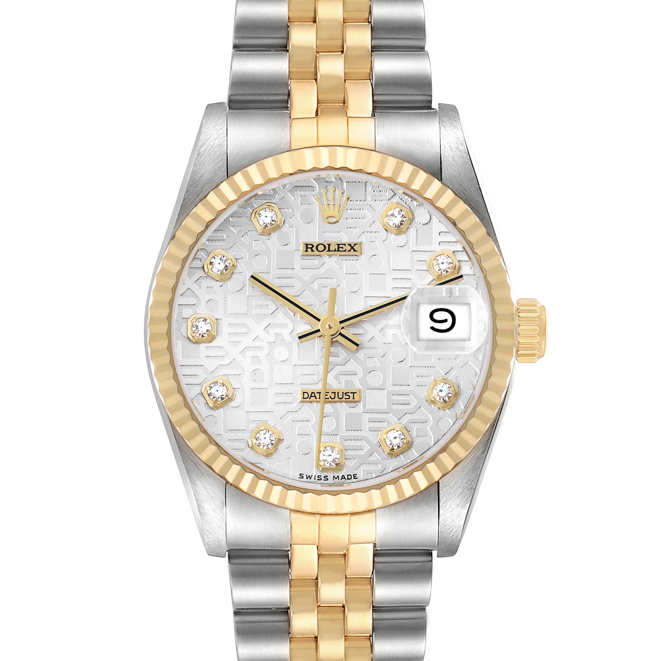 The Rolex Mid-Size 68273 Women
s Steel and Gold (two tone) Silver Dial watch is shown from the front, highlighting the face, bezel, and bracelet.