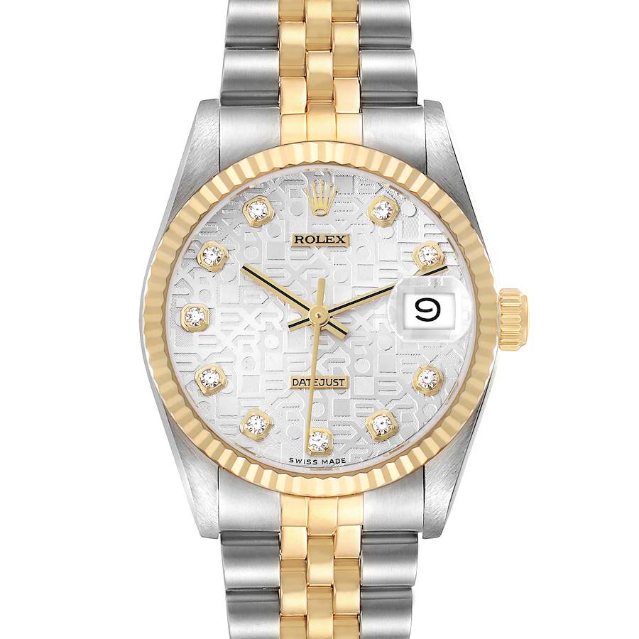 The Rolex Mid-Size 68273 Women's Steel and Gold (two tone) Silver Dial watch is shown from the front, highlighting the face, bezel, and bracelet.
