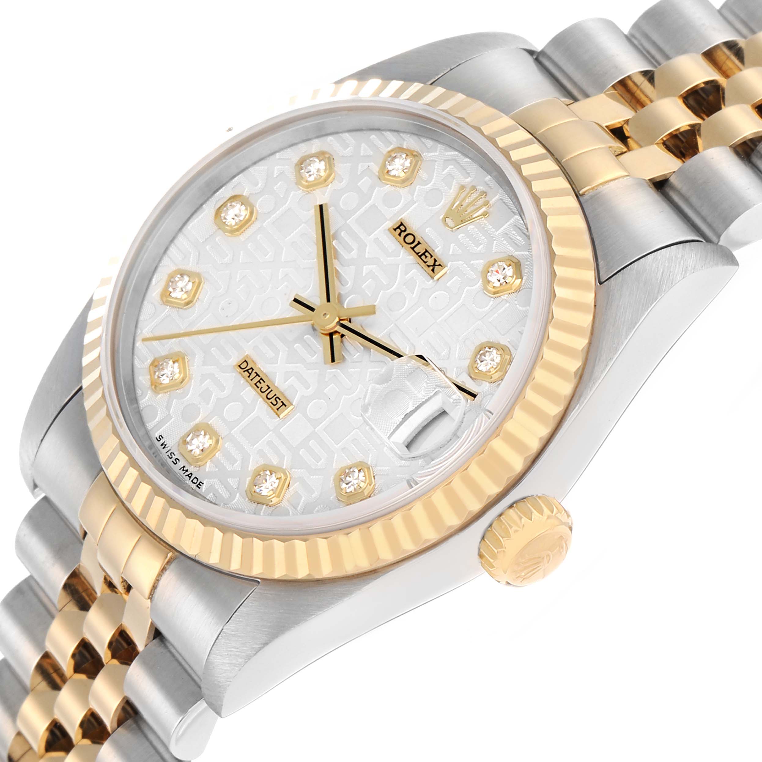 The Rolex Mid-Size 68273 Women
s Steel and Gold (two tone) Silver Dial watch is shown at an angled view highlighting the dial, bezel, crown, and part of the bracelet.
