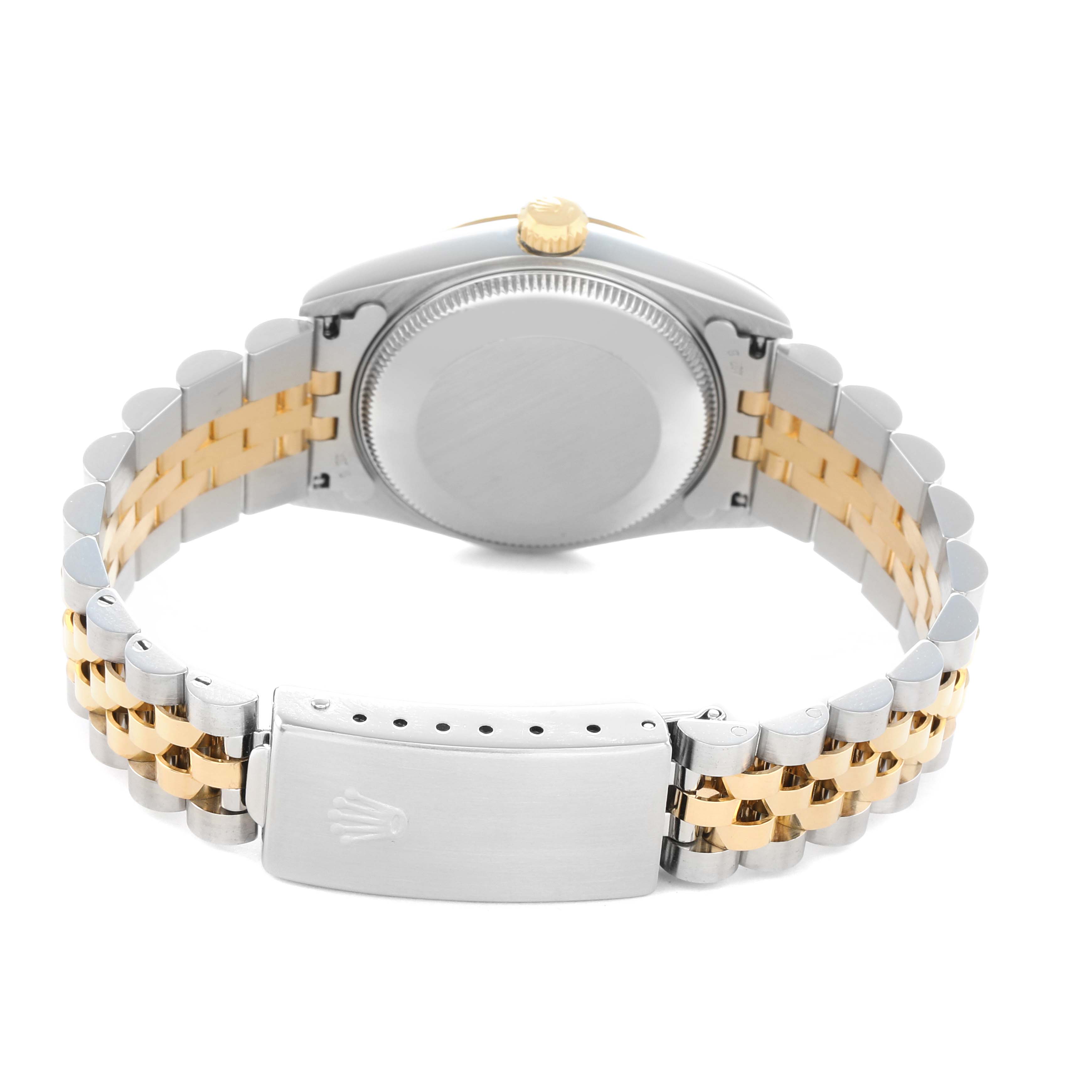 The Rolex Mid-Size 68273 Women
s Steel and Gold (two tone) Silver Dial watch is shown from the back, displaying the case back, crown, and Jubilee bracelet with a clasp.