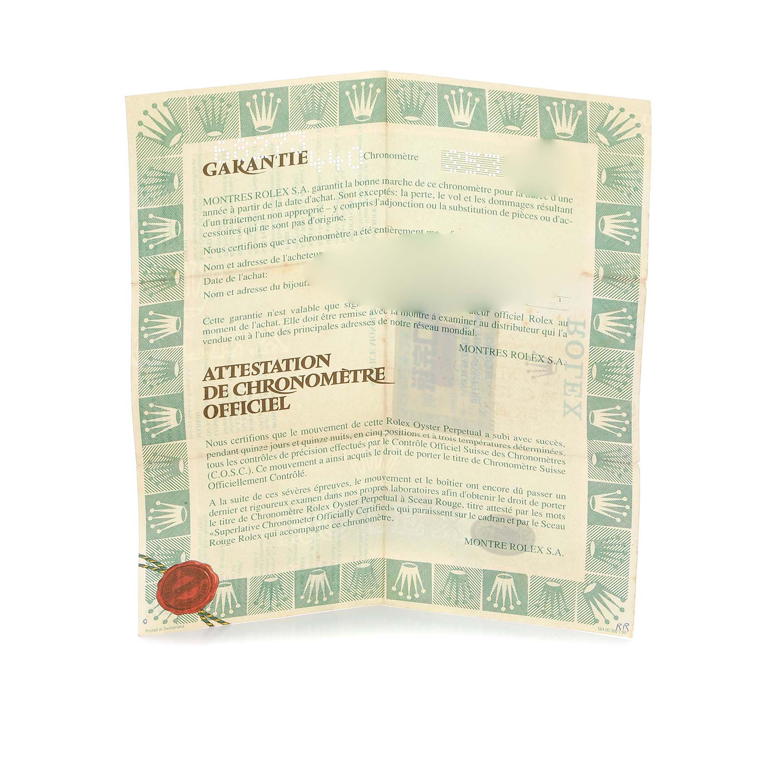 The image shows a Rolex Mid-Size 68273 Women
s Steel and Gold (two tone) Silver Dial watch
s official chronometer certificate, viewed flat with text and a decorative border.