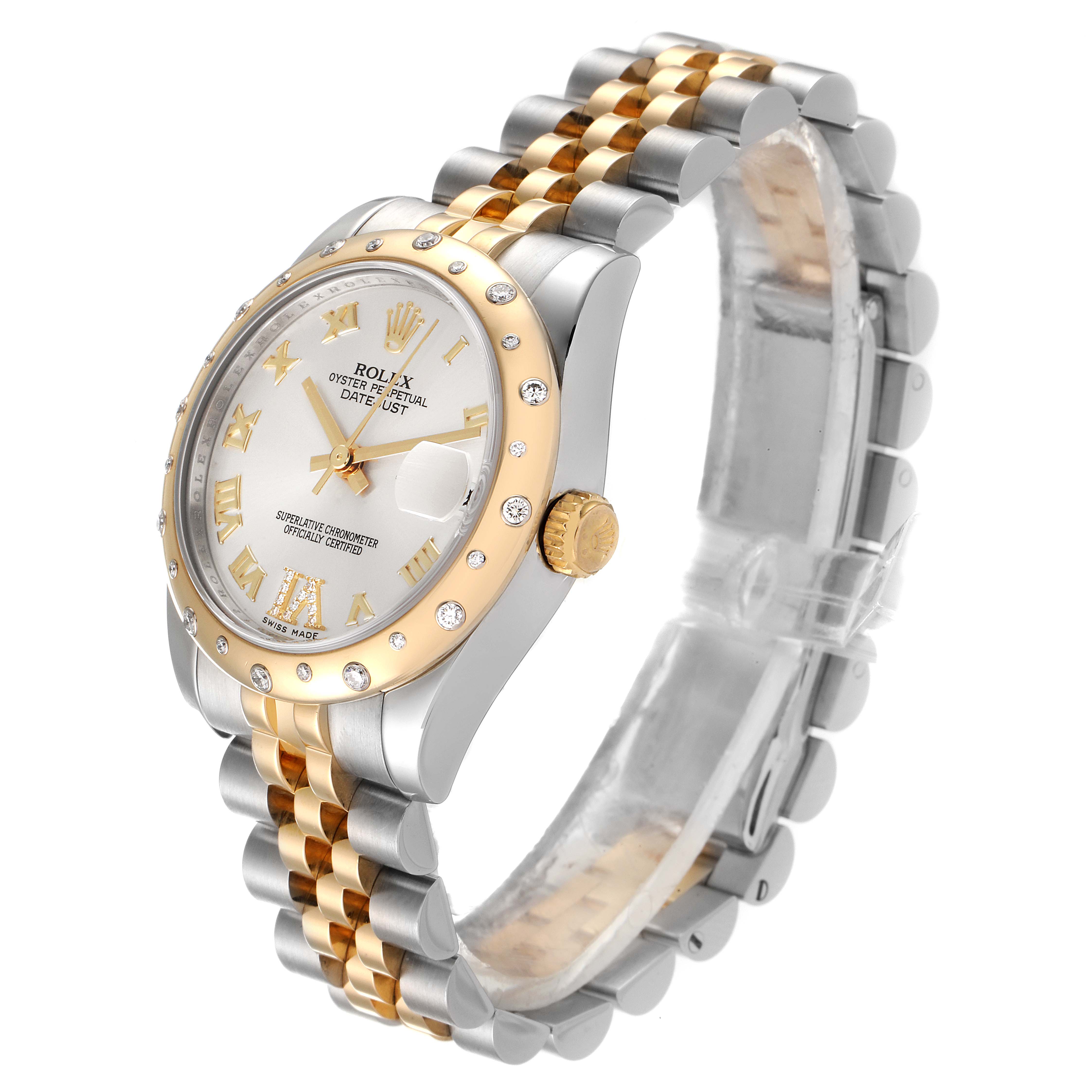 The image shows a side angle of a Rolex Mid-Size 178343 Women
s Steel and Gold (two tone) Silver Dial 178343 Women
s Steel and Gold (two tone) Silver Dial Oyster Perpetual Datejust watch, highlighting its two-tone bracelet, bezel, and face.