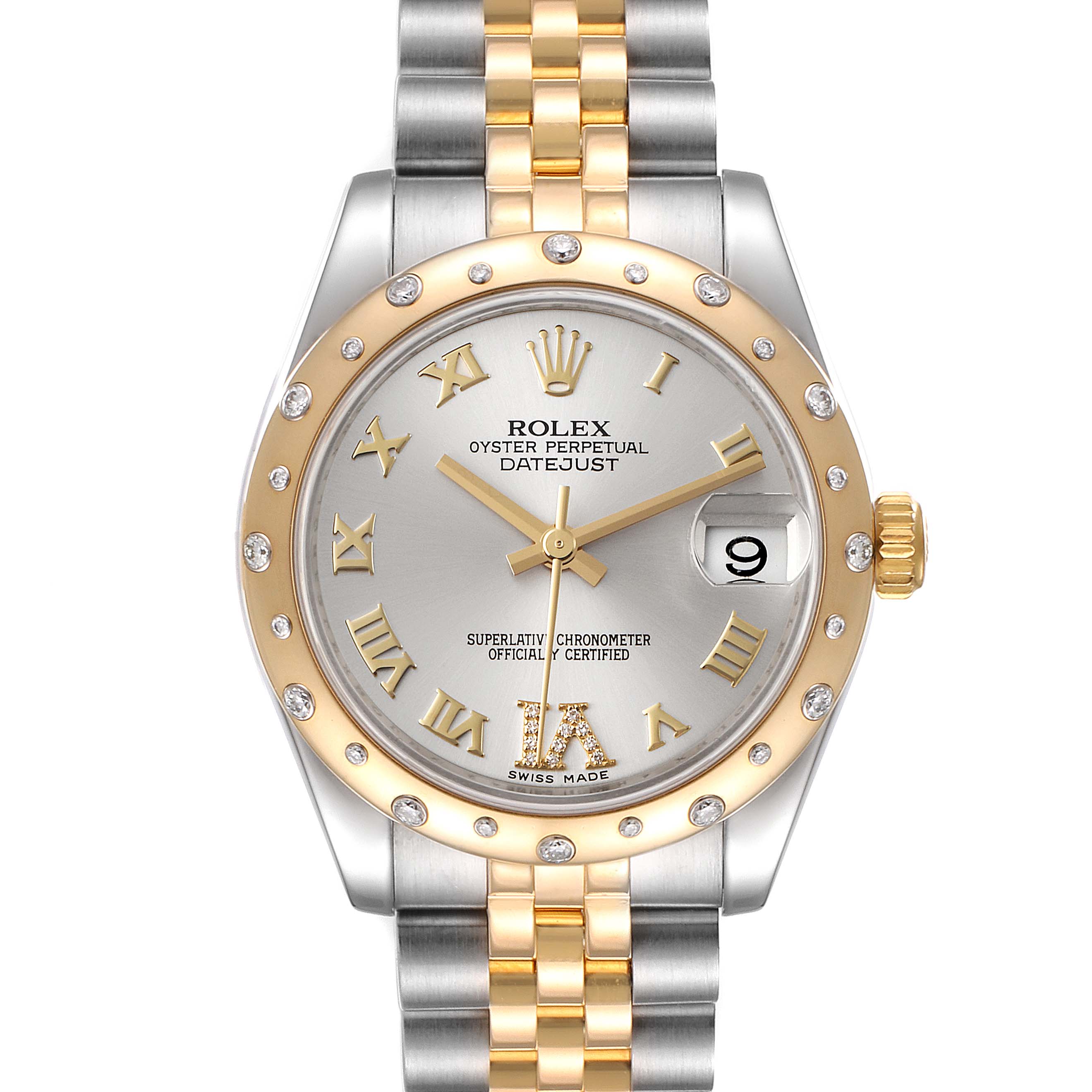 The image shows a frontal view of a Rolex Mid-Size 178343 Women
s Steel and Gold (two tone) Silver Dial 178343 Women
s Steel and Gold (two tone) Silver Dial Datejust, featuring its dial, bezel, and bracelet.