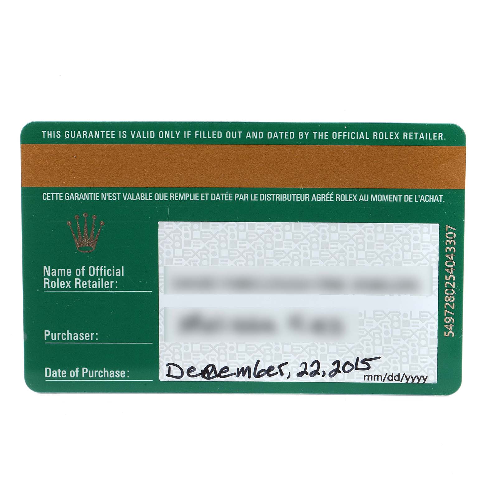 This image shows a guarantee card for a Mid-Size Rolex model, displaying purchase details and retailer information.